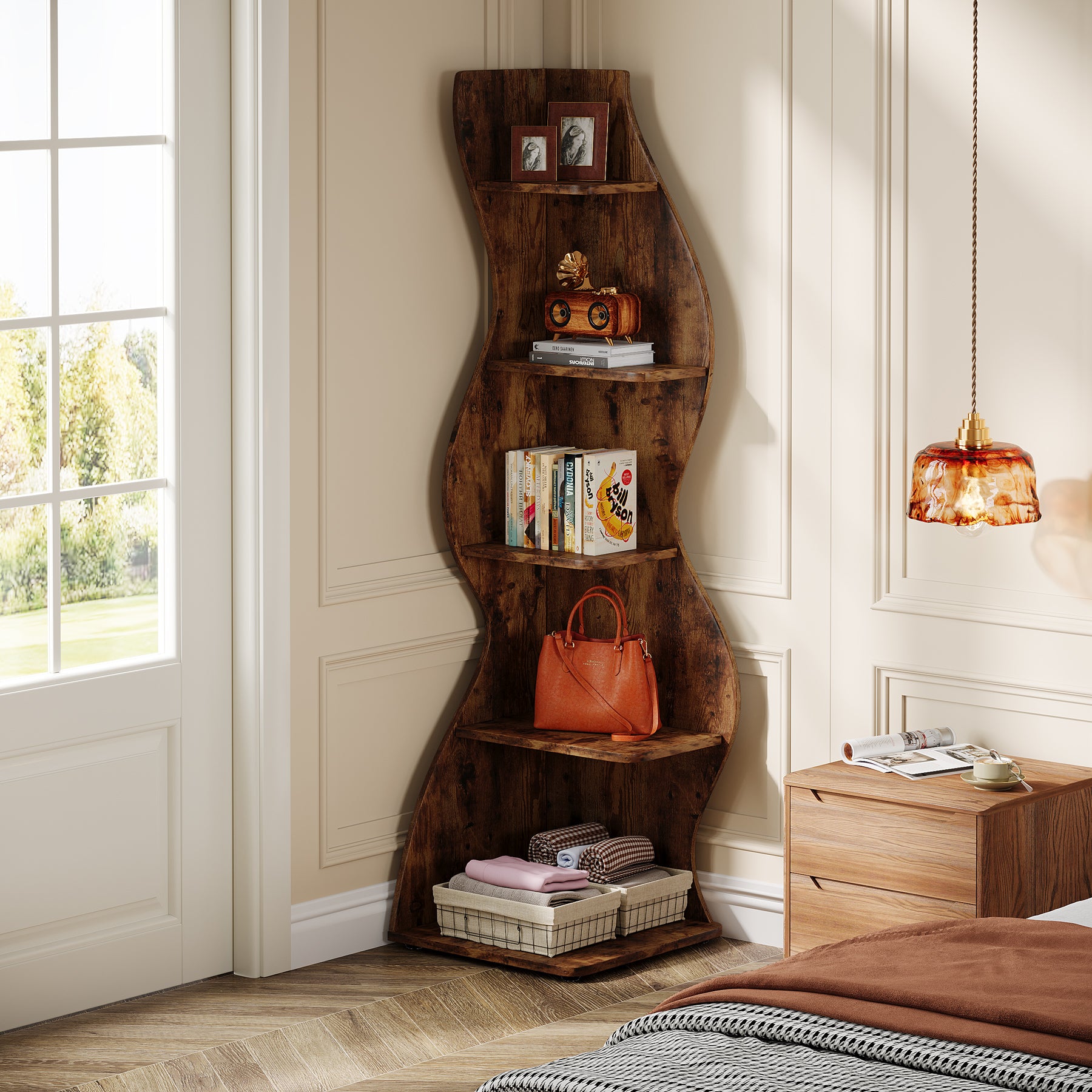 Wavy Corner Shelf, 5-Tier Bookshelf Bookcase Display Rack