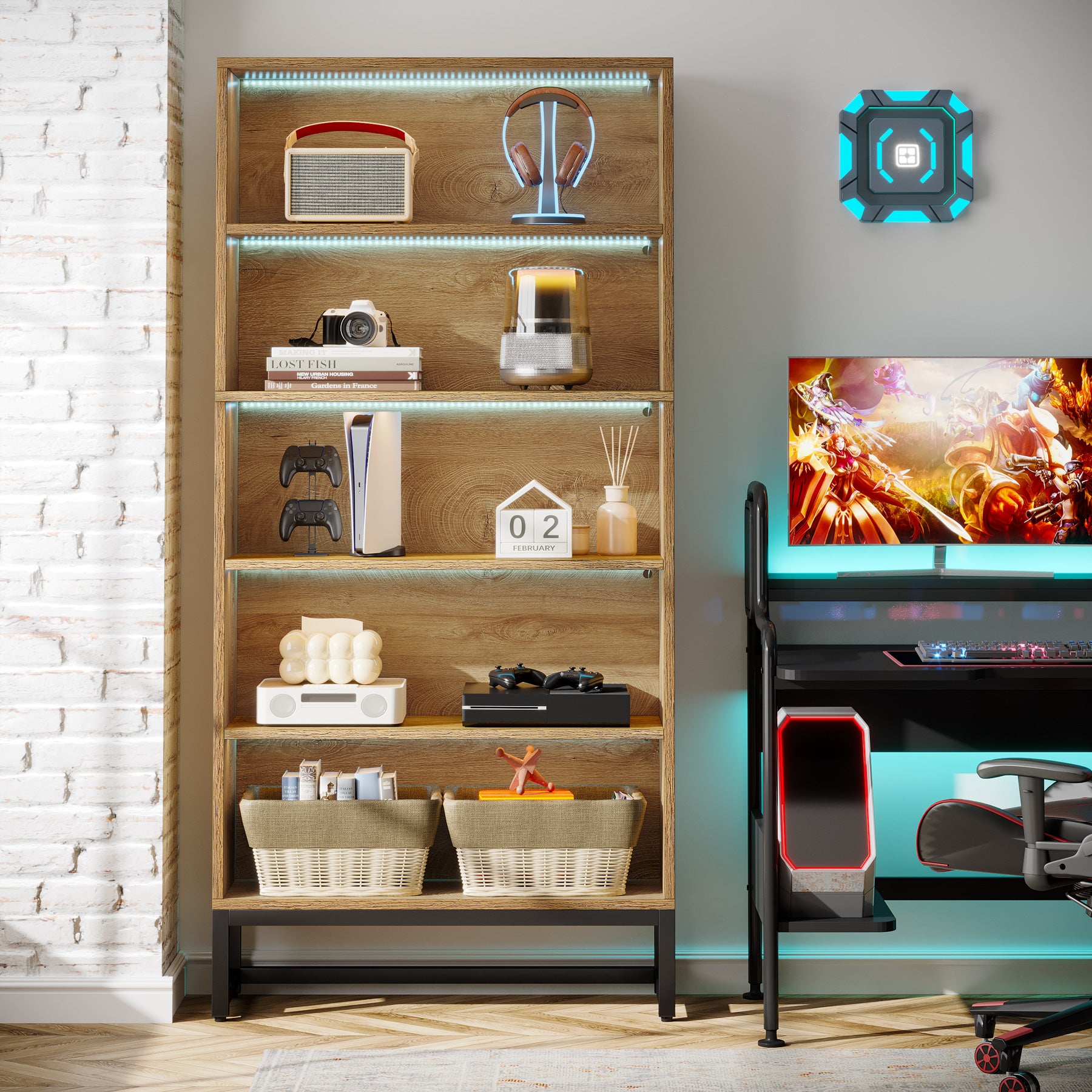 Tall Bookcase Black Bookshelf, 70.8” Large Bookcases Organizer with LED Lights