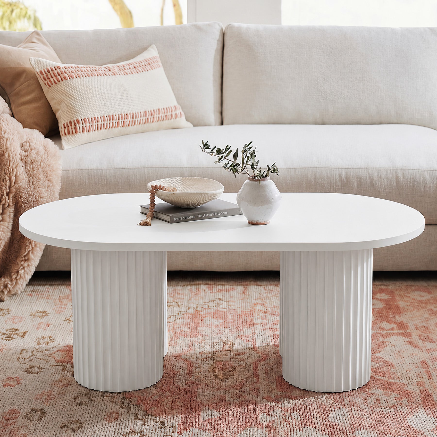 47" Oval Coffee Table with Fluted Base, Modern White Center Table for Living Room, Bedroom & Office