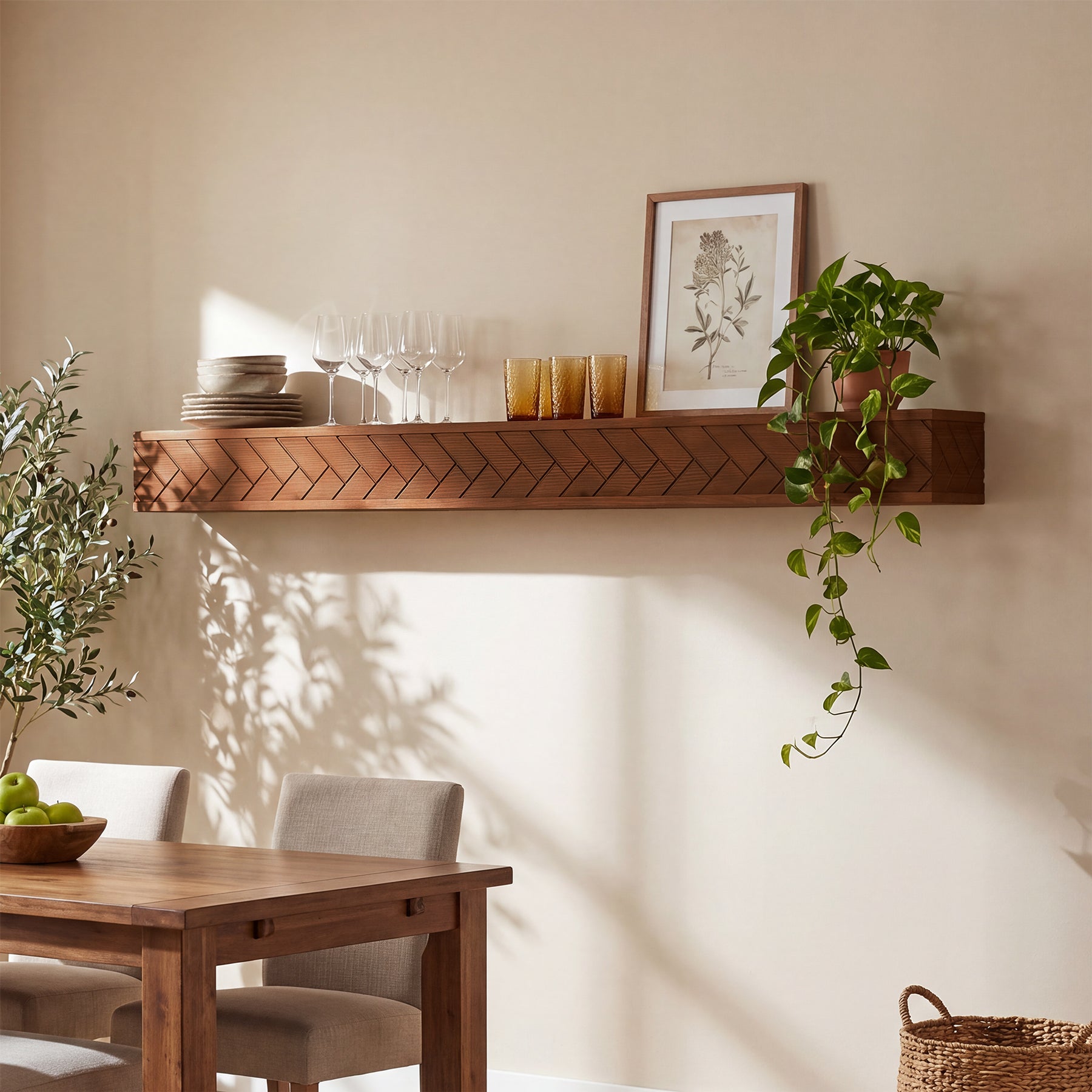 Tribesigns 70.9 Inch Solid Wood Floating Shelf, Hand-Carved Herringbone Wall Display Shelf with Hidden Bracket for Living Room