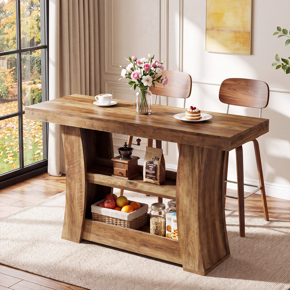59.06" Bar Table, Counter Height Pub Table with 2-Tier Storage Shelves for Home Bar