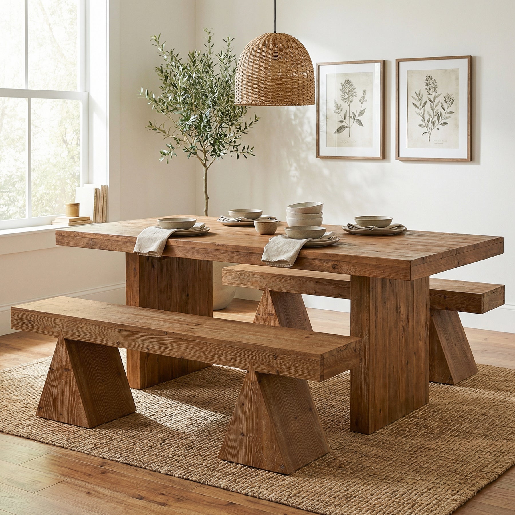 Solid Wood Dining Bench, 63" Entryway Benches with Triangle Base