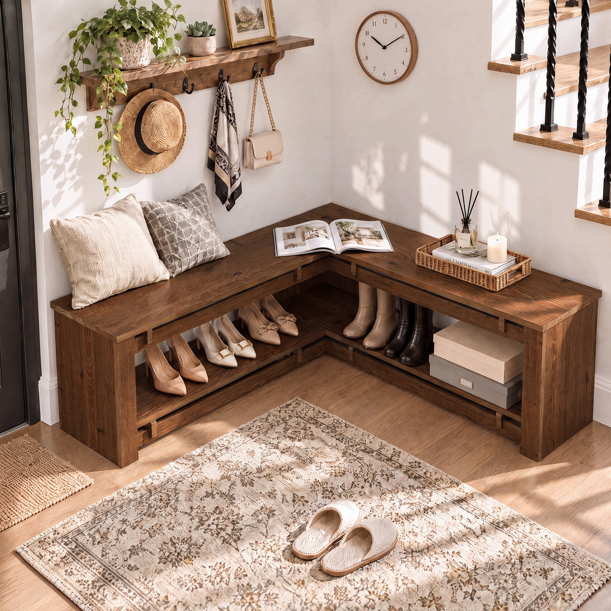 47" L-Shaped Corner Bench, Rustic Solid Wood Shoe Storage, Backless Entryway Mudroom