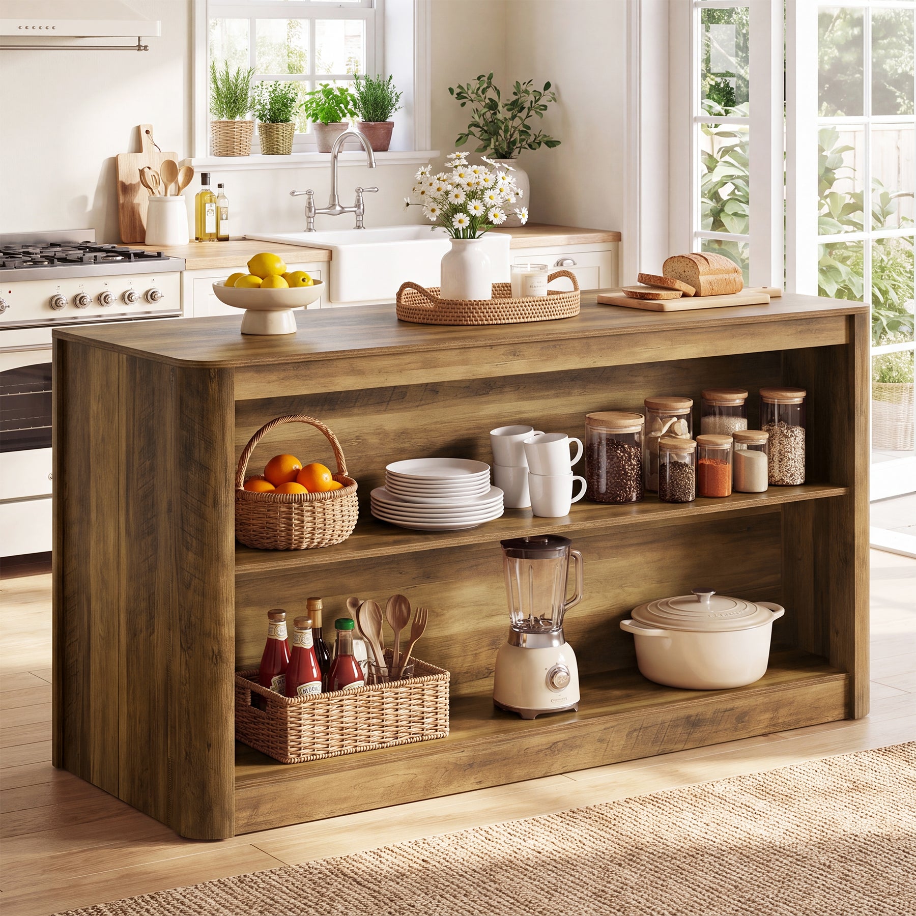 59.1" Kitchen Island, 3-Tier Stationary Island Table with Open Storage for Kitchen, Dining Room