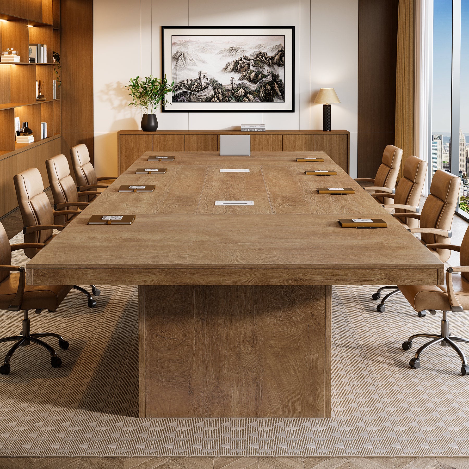 95" Conference Table with Pedestal Base, 8FT Wood Office Meeting Table, Cable Grommets