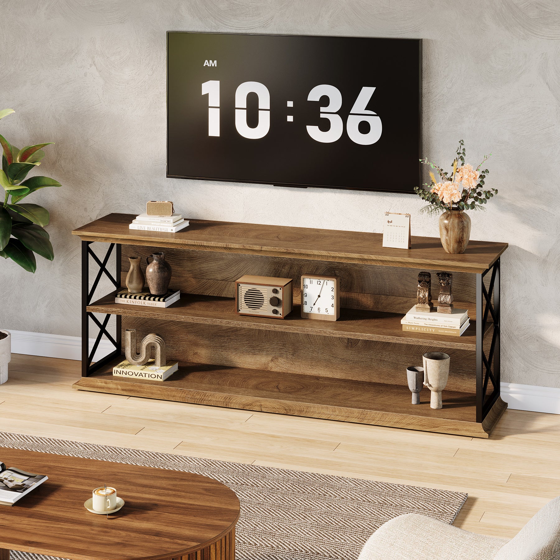 63" Industrial TV Stand for 55–75 Inch TVs, Wood & Metal Entertainment Center with 3-Tier Open Shelves