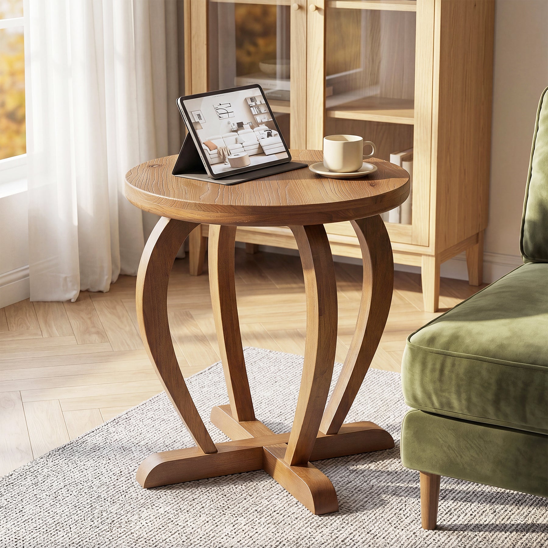 Solid Wood Round End Table, Accent Side Table with Curved Base for Living Room