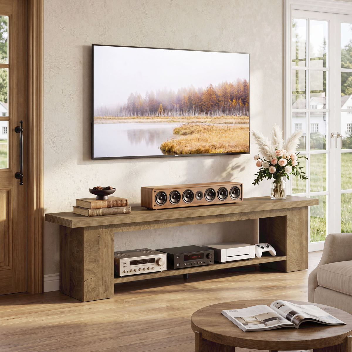 86.6" TV Stand, 2-Tier Farmhouse TV Console with Storage Shelves For TVs Up to 80"