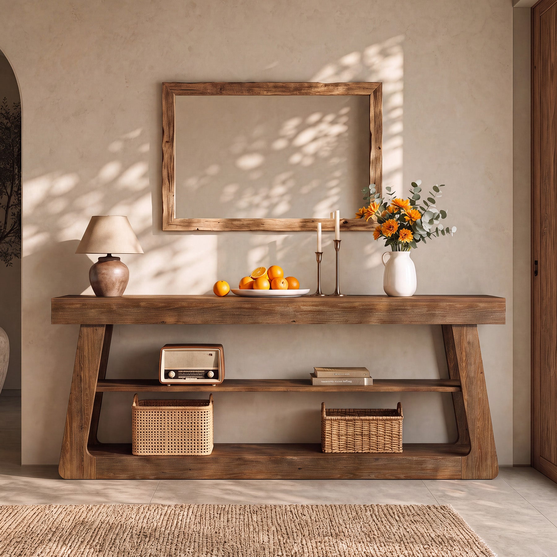 63" Solid Wood Console Table, 3-Tier Sofa Entryway Table with A-Shaped Frame for Hallway