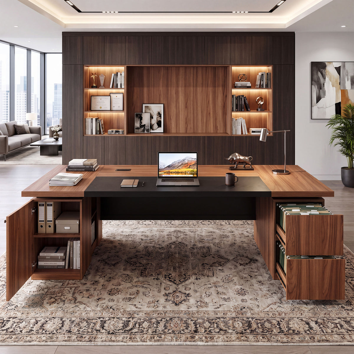 102.3" Large Executive Desk, Oversized Office Desk with Storage Cabinet, File Drawers & CPU Tower