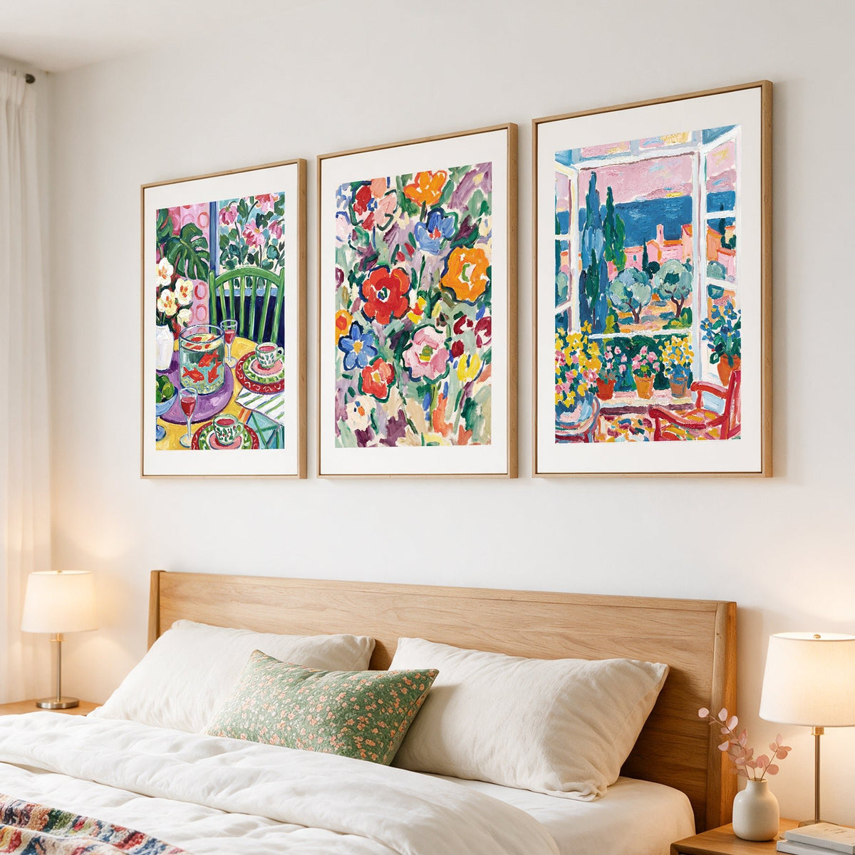 3 Piece Hand-Painted Oil Painting Style Canvas Wall Art Set,24x36 Inch Colorful Floral and Mediterranean Coastal Prints