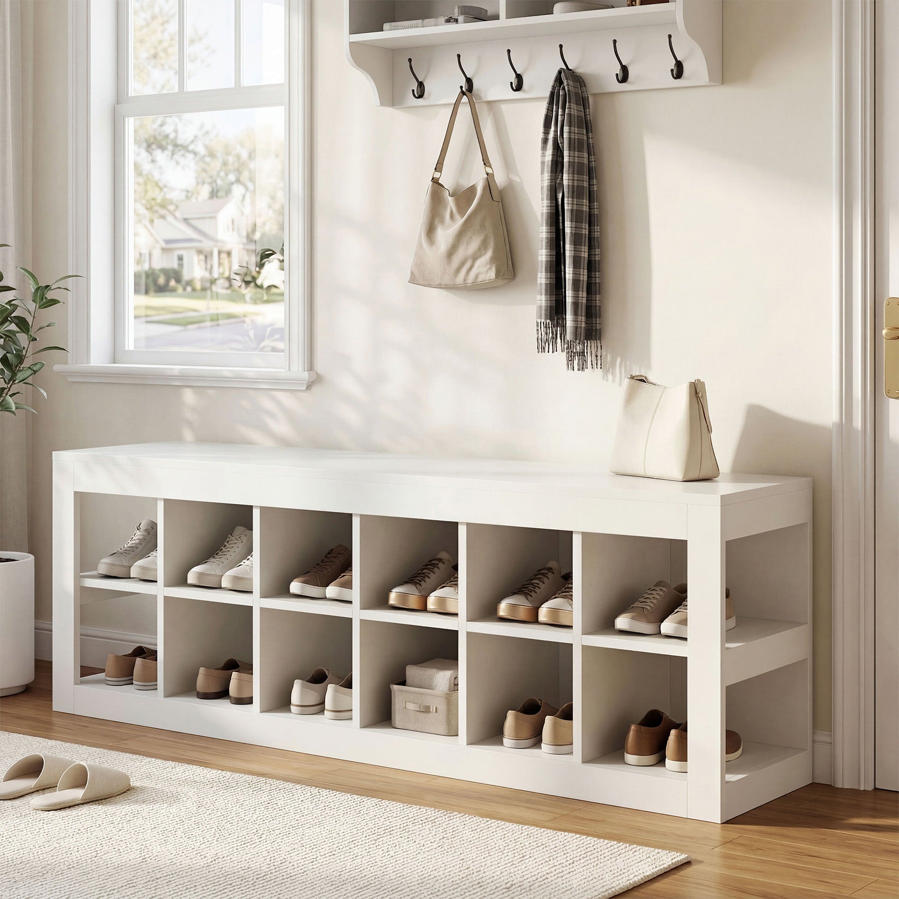52.36" Shoe Storage Bench with 12 Cubbies, Wooden Entryway Bench for Hallway