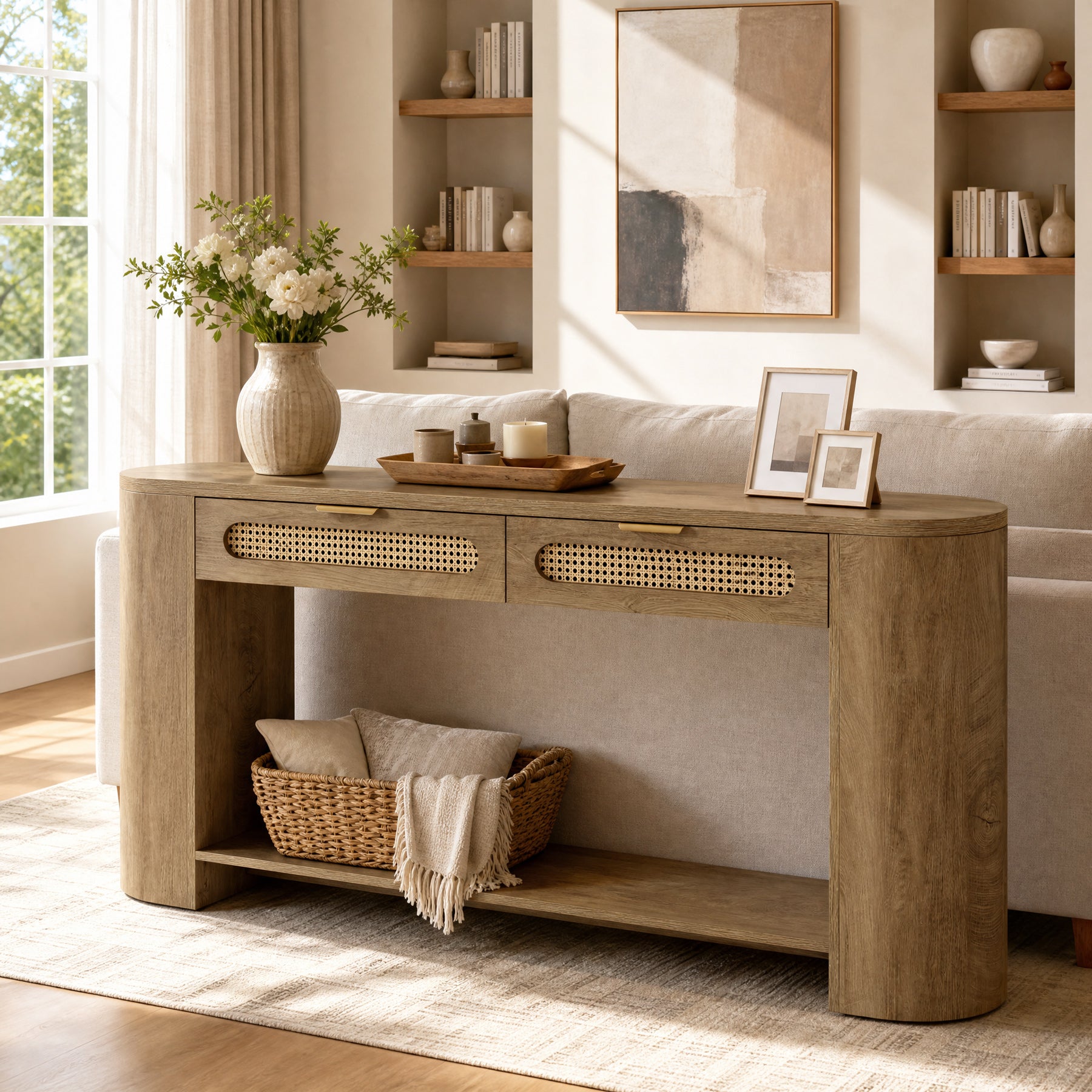 55" Console Table, Farmhouse Entryway Sofa Table With 2 Rattan Drawers & Shelf