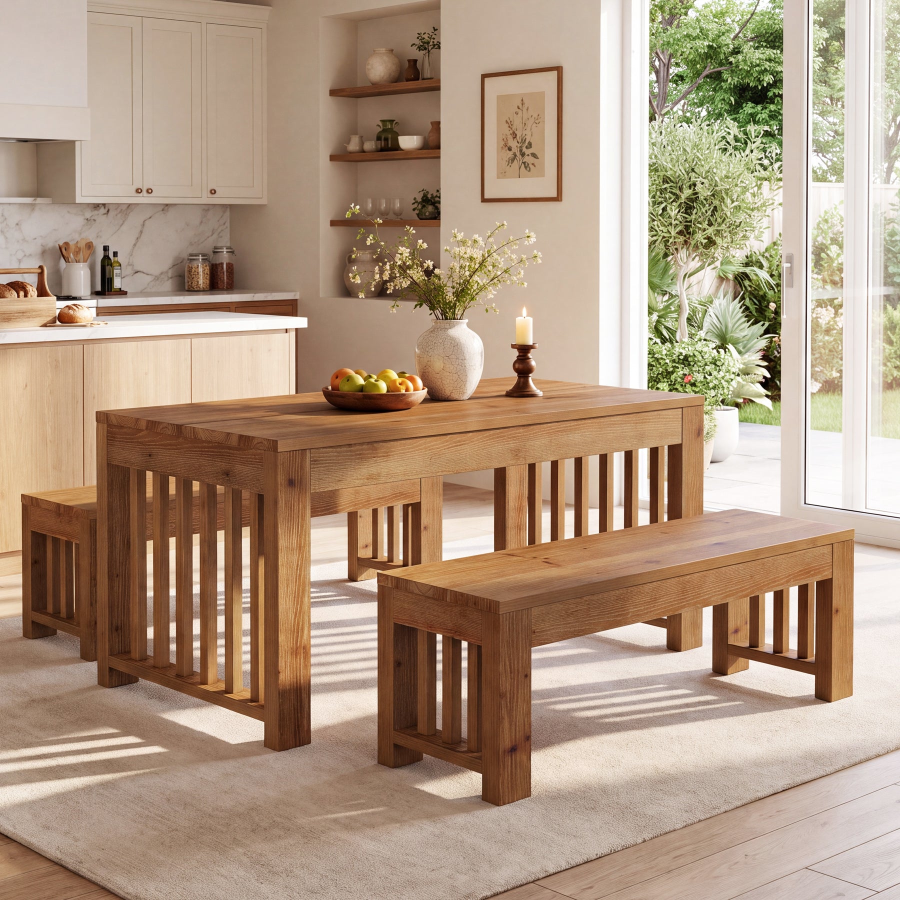 55" Rectangular Dining Table Set, Solid Wood Kitchen Table and Bench for 4 People