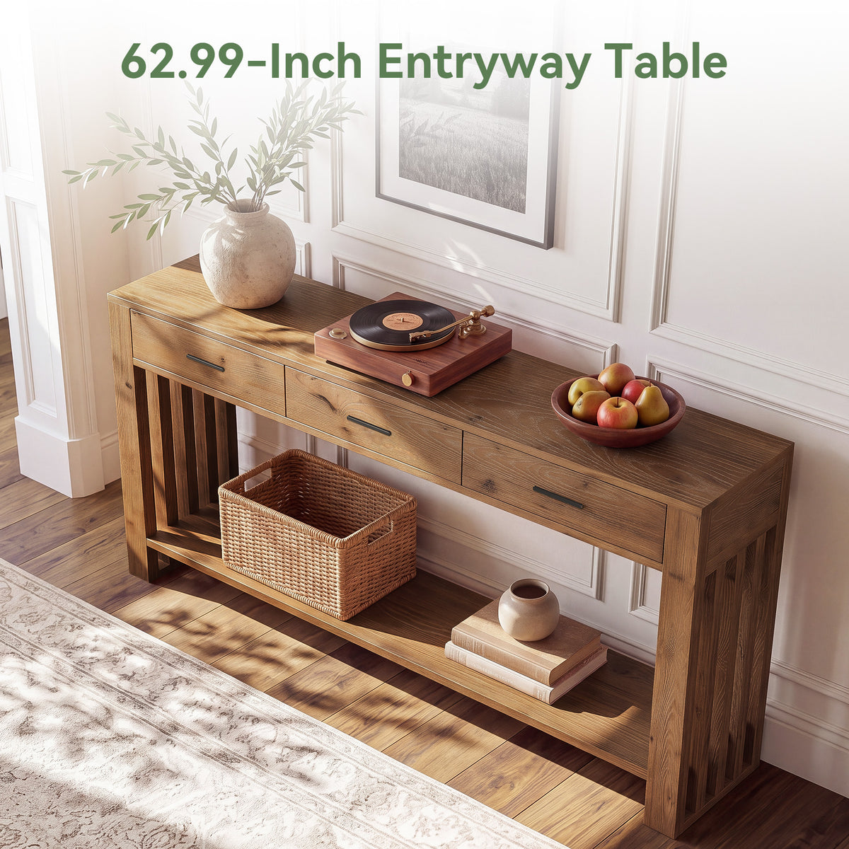 63" Solid Wood Console Table, 3 Drawers 2-Tier Narrow Farmhouse Entryway Table