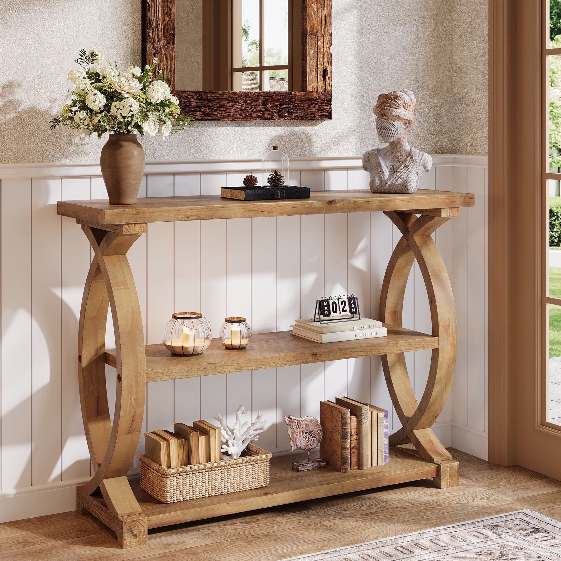 41.34" Solid Wood Console Table with 3-Tier Storage, Rustic Sofa Table for Entryway & Living Room