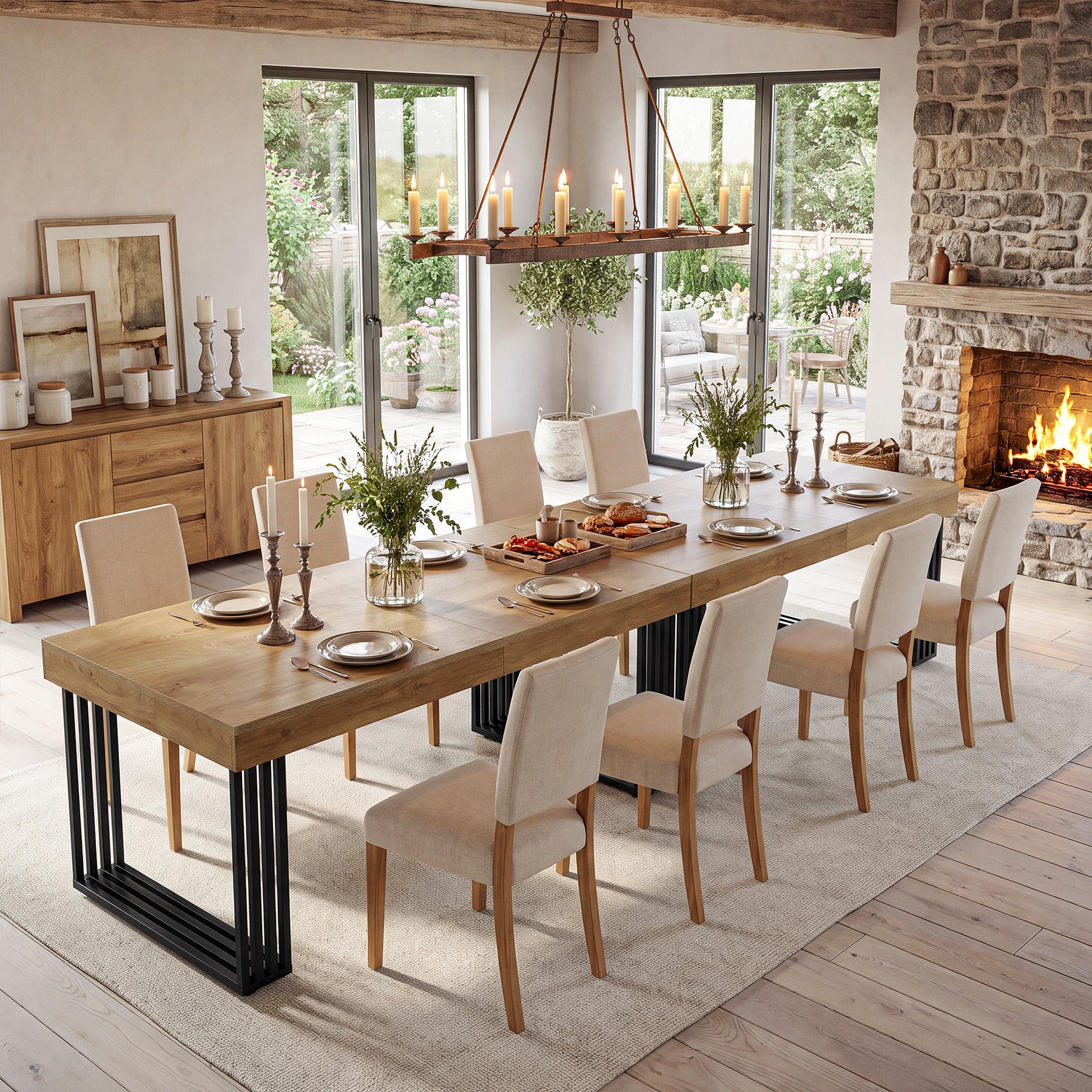 79" Large Dining Table with Metal Frame, Wood Kitchen Table for 6-8