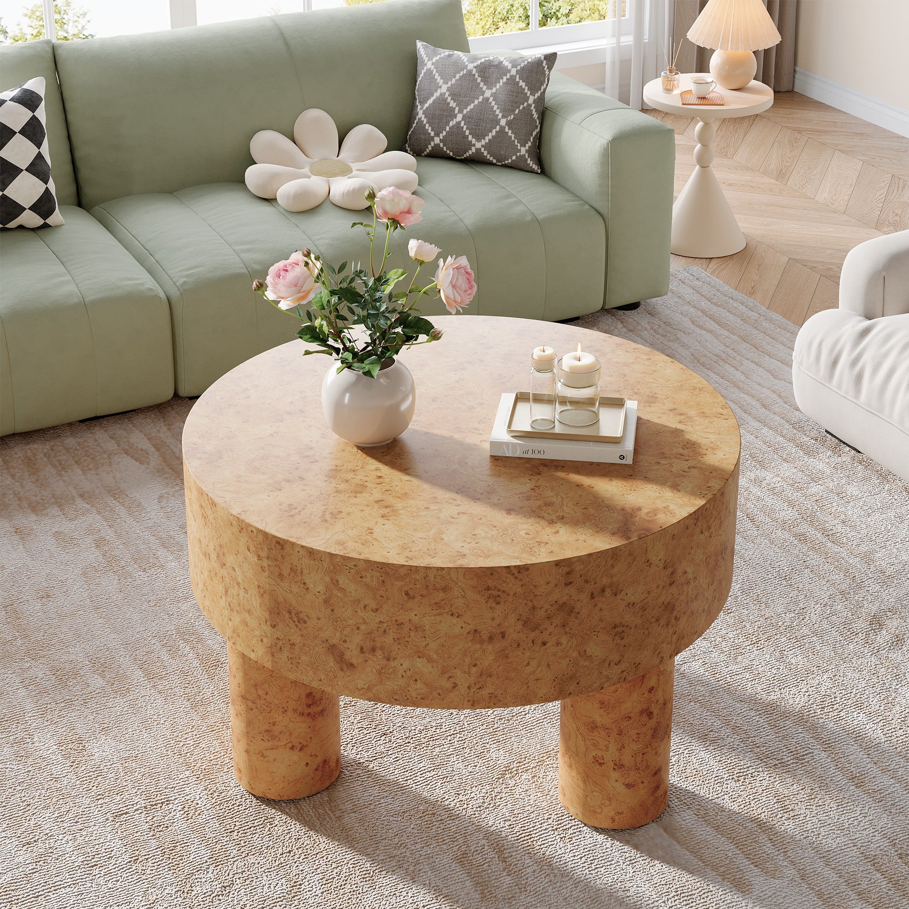 31.5" Round Coffee Table, Modern Circle Center Tea Table with Burl Texture