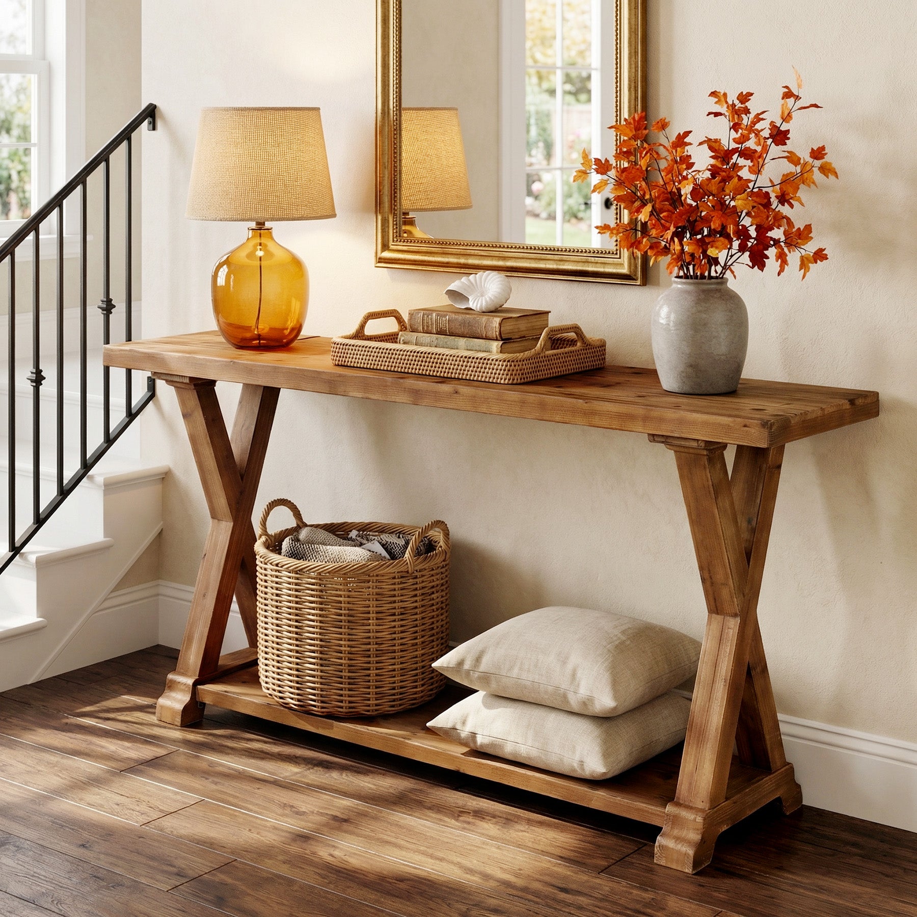 63" Solid Wood Console Table, Narrow Farmhouse Sofa Table with 2-Tier Storage for Entryway, Hallway & Behind Couch