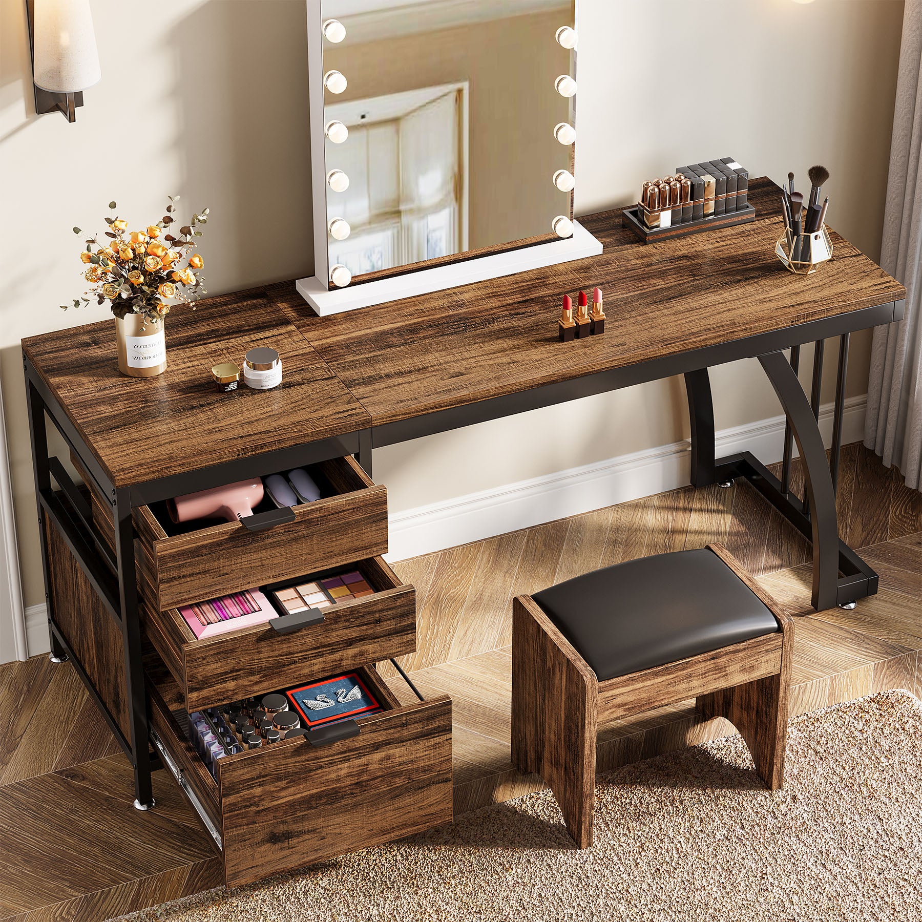 3-Drawer Makeup Vanity Desk, 59" Dressing Table with Reversible Drawers (Only Desk)