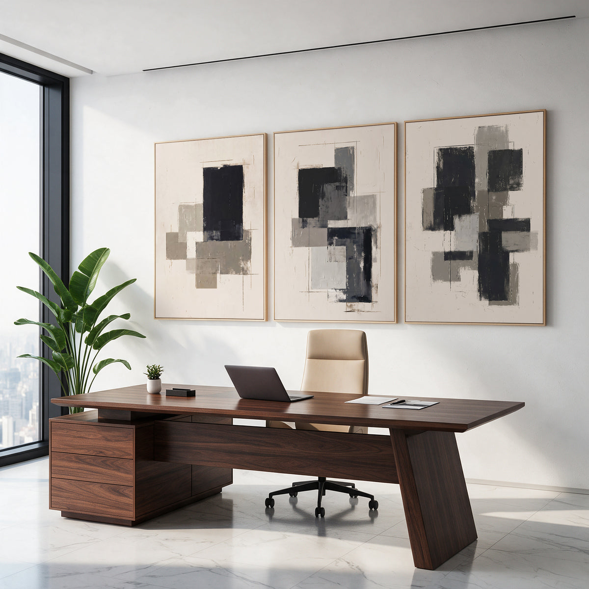 3-Piece 24x36" Modern Abstract Wall Art, Black Beige Framed Canvas Prints