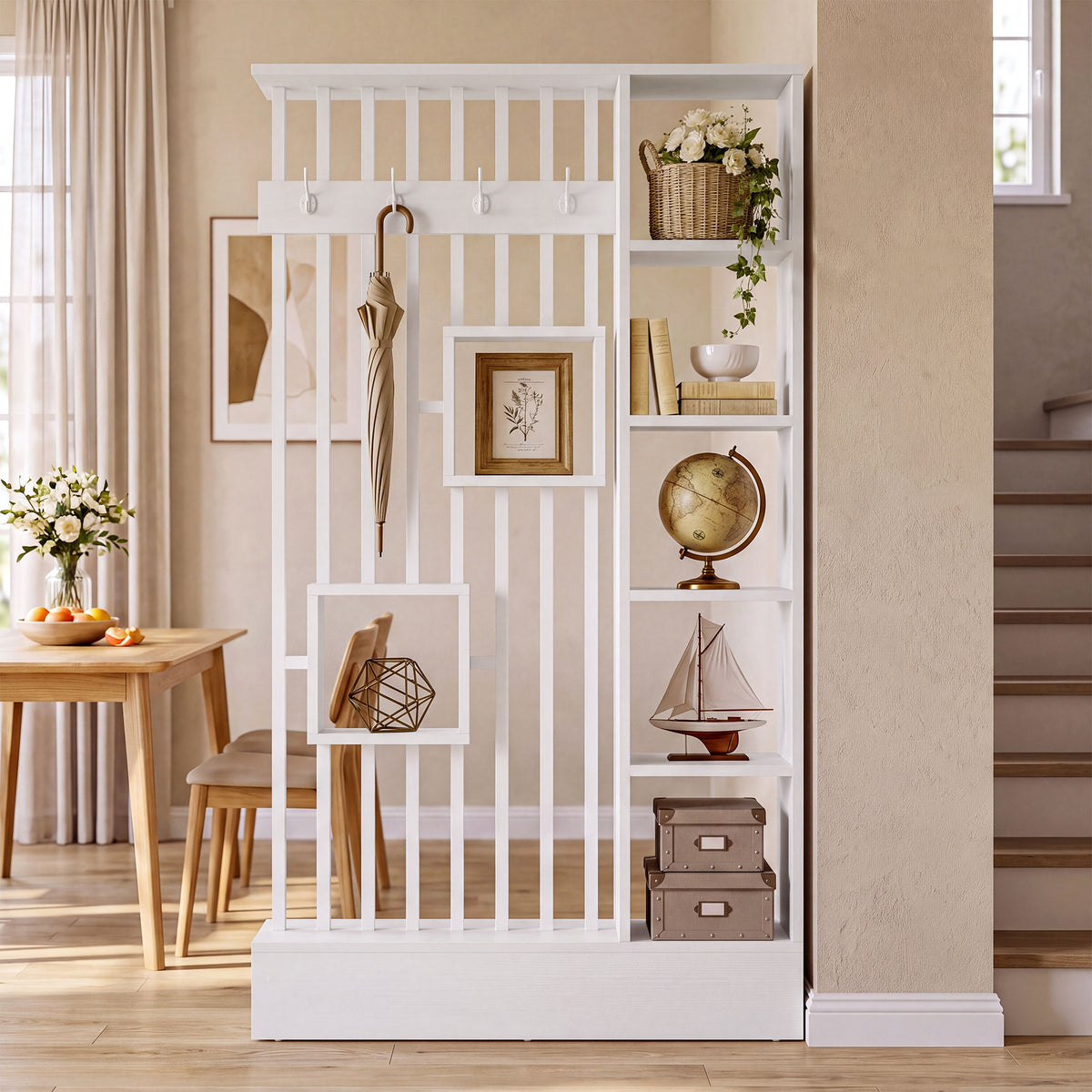 71" Room Divider with Shelves, Modern Wall Partition with Coat Hooks & Open Display Shelf
