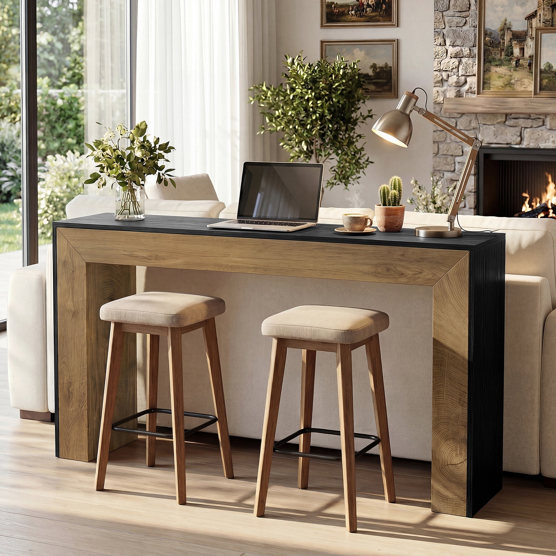 63" Counter Height Bar Table, Modern Industrial High Top Dining Table with Sturdy Base for Kitchen or Home Bar