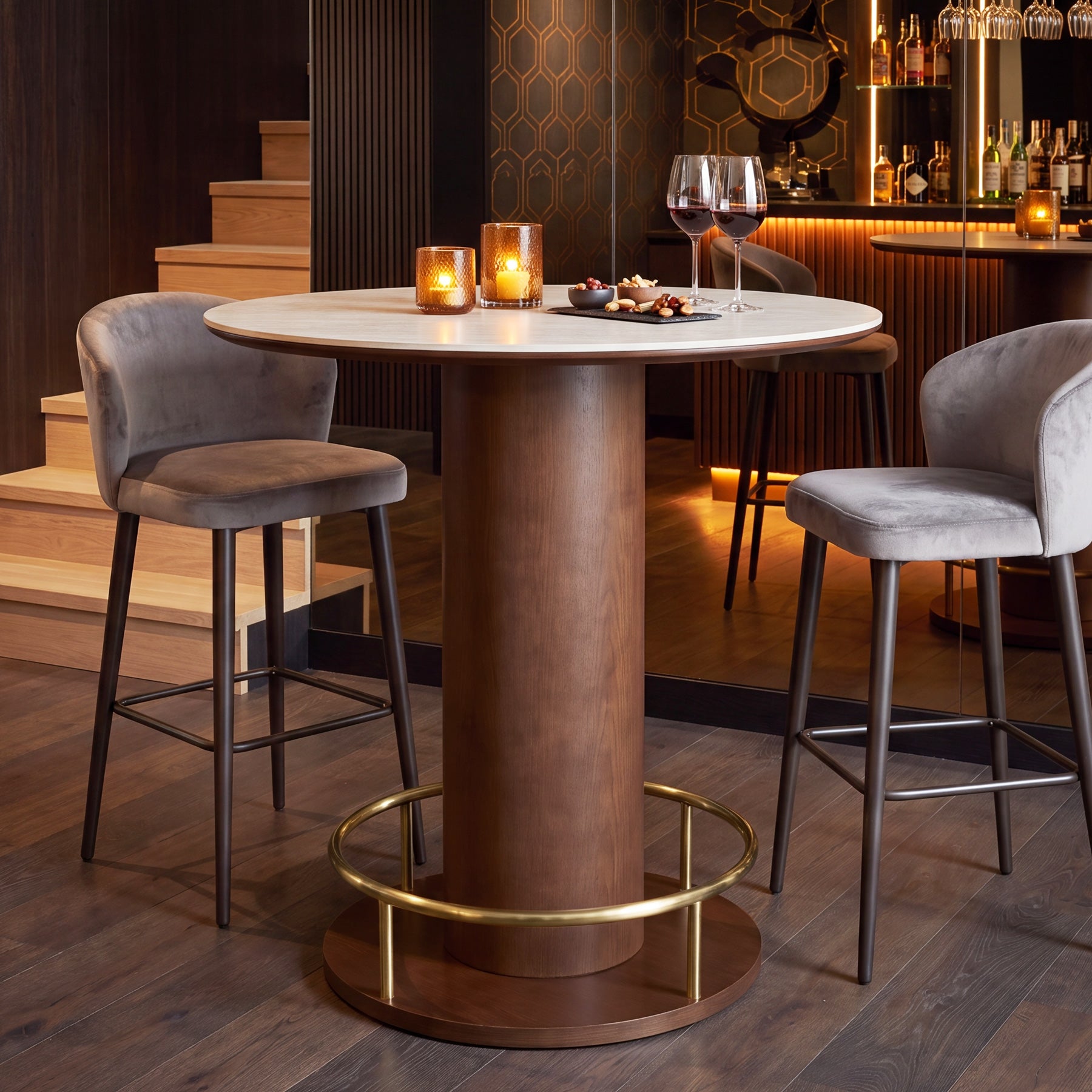 31.5" Round Counter Height Bar Table with Sintered Stone Top, Modern Bistro Table with Solid Wood Pedestal Base
