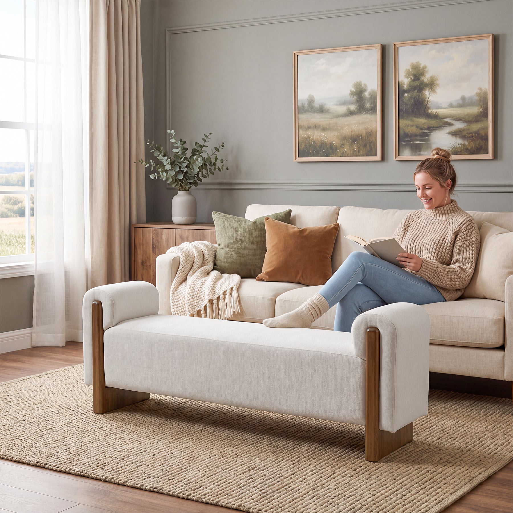 55" End of Bed Bench with Arms, Modern Upholstered Bedroom Bench, Solid Wood Base