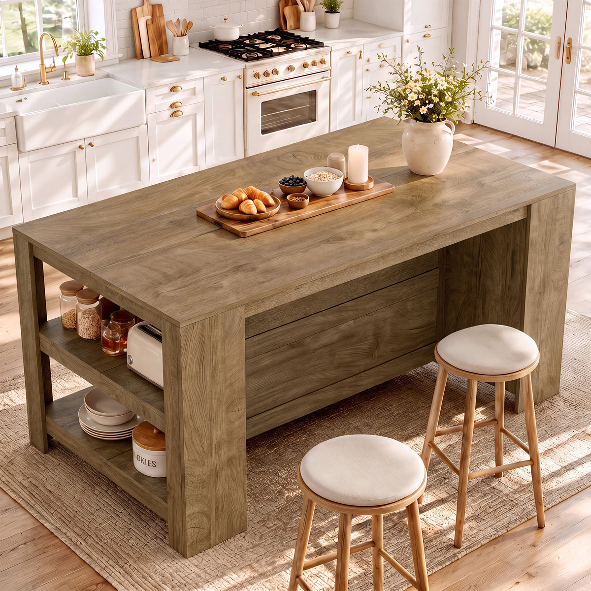 63" Kitchen Island, 2-Tier Counter Height Bar Table with Storage for Kitchen, Dining Room