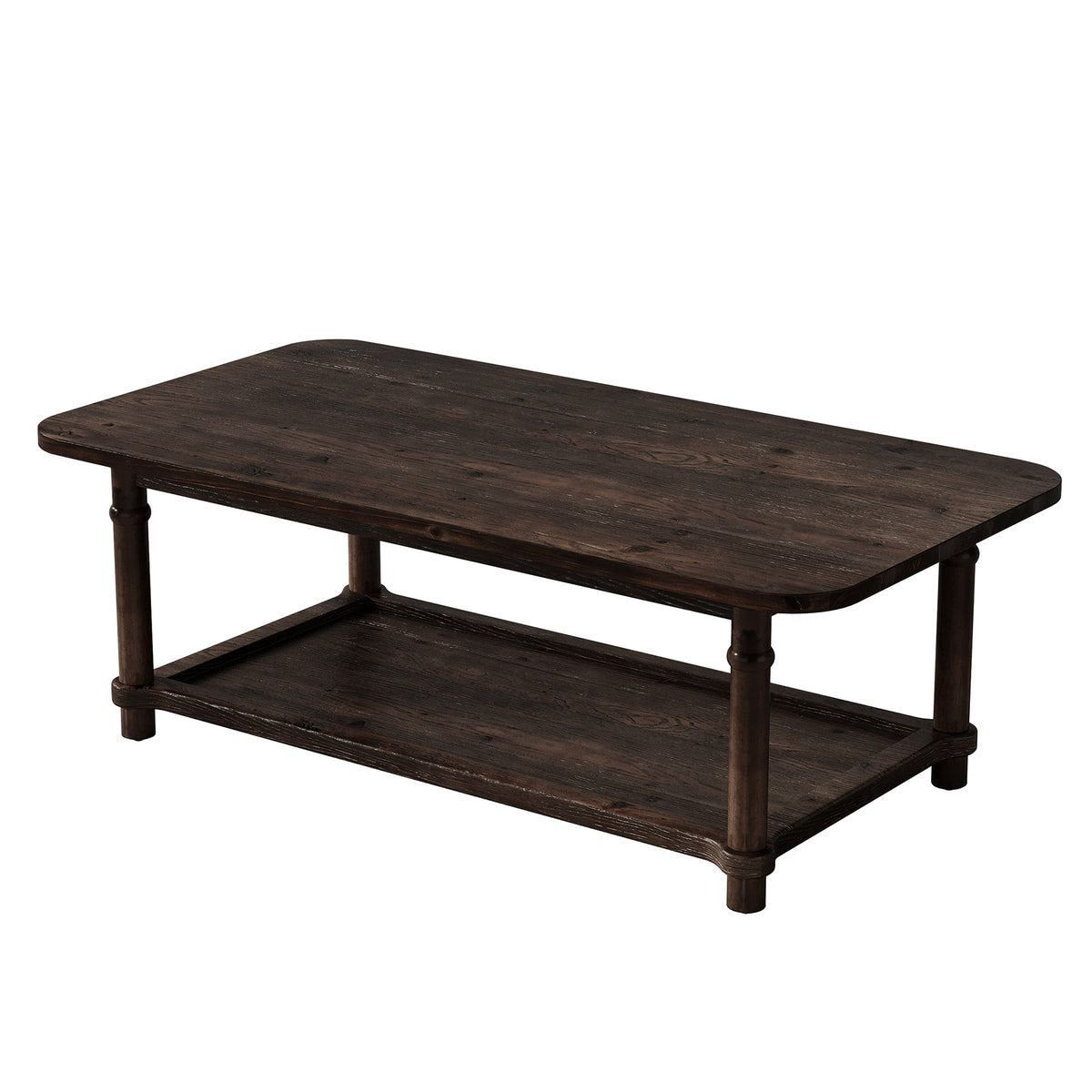 Solid Wood Rectangular Coffee Table with 2-Tier Storage