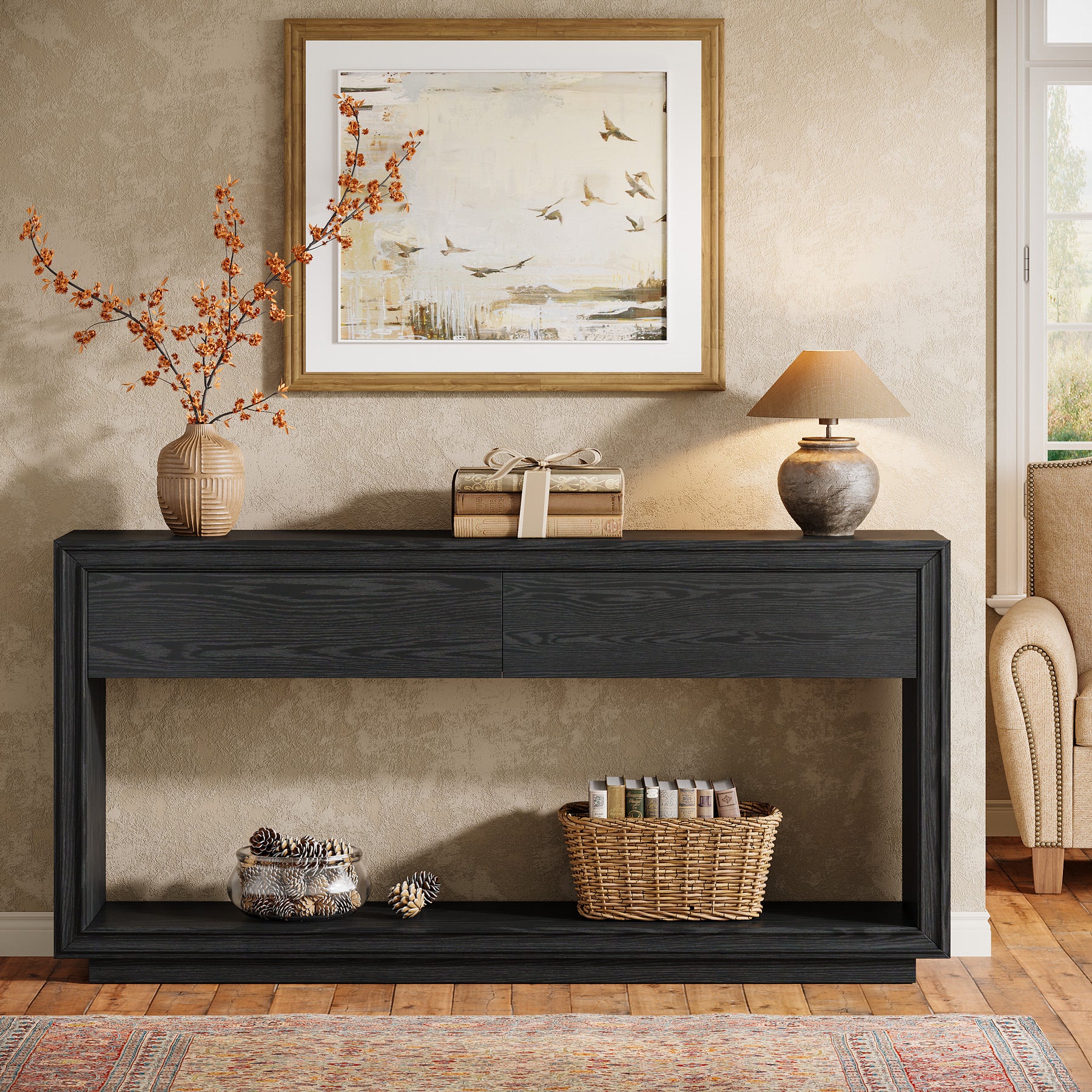 63" Farmhouse Console Table with 2 Drawers and Shelf, Wooden Entryway Sofa Table for Hallway, Foyer, or Behind Couch