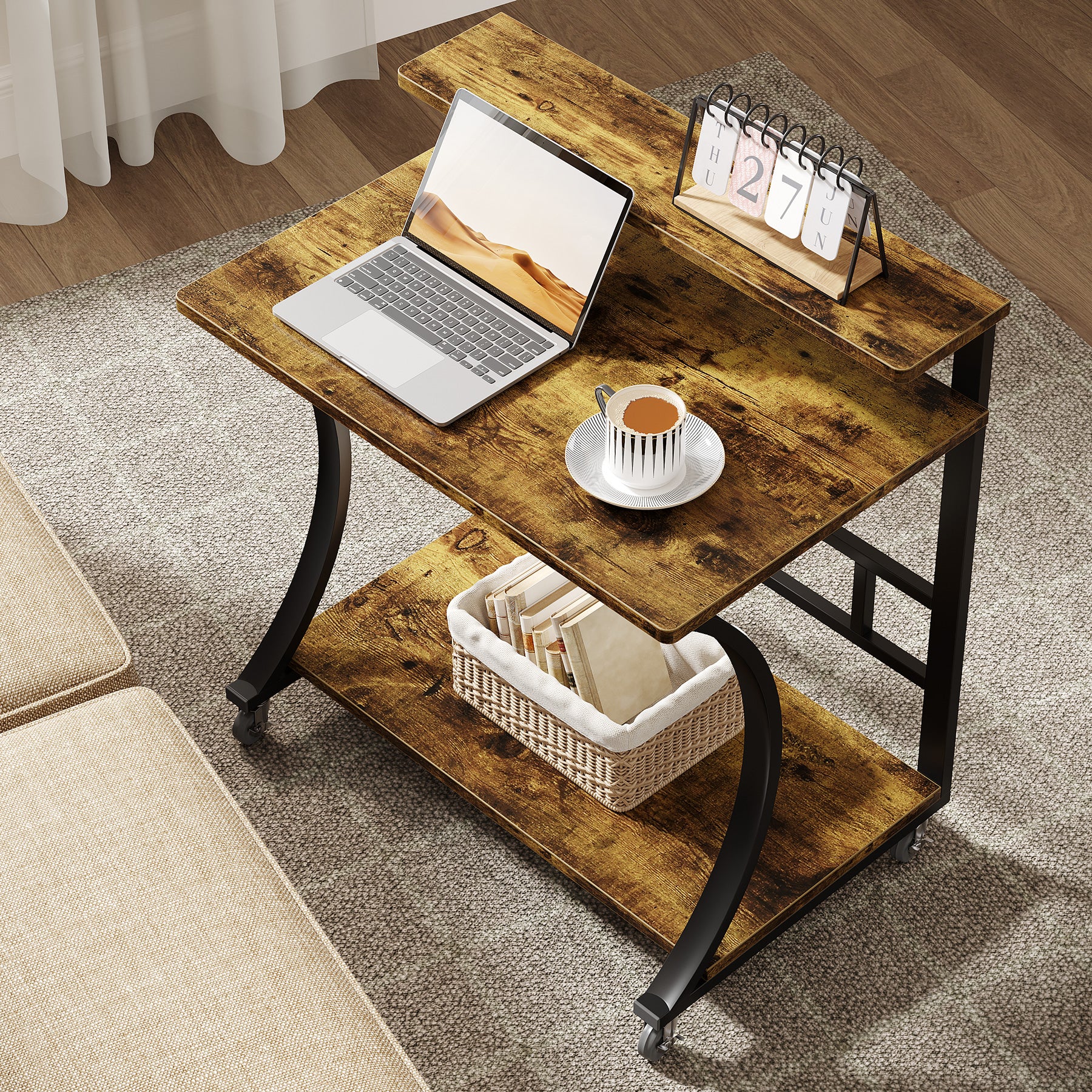 C - Shaped End Table, Mobile Sofa Side Table with Lockable Casters Tribesigns