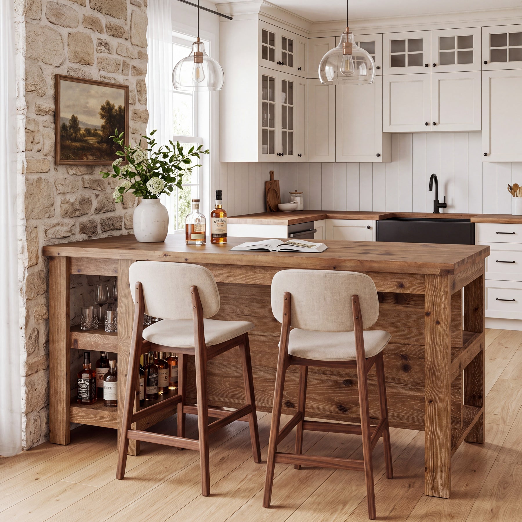 61" Farmhouse Kitchen Island with Storage, 3-Tier Solid Wood, Freestanding Dining Island Table