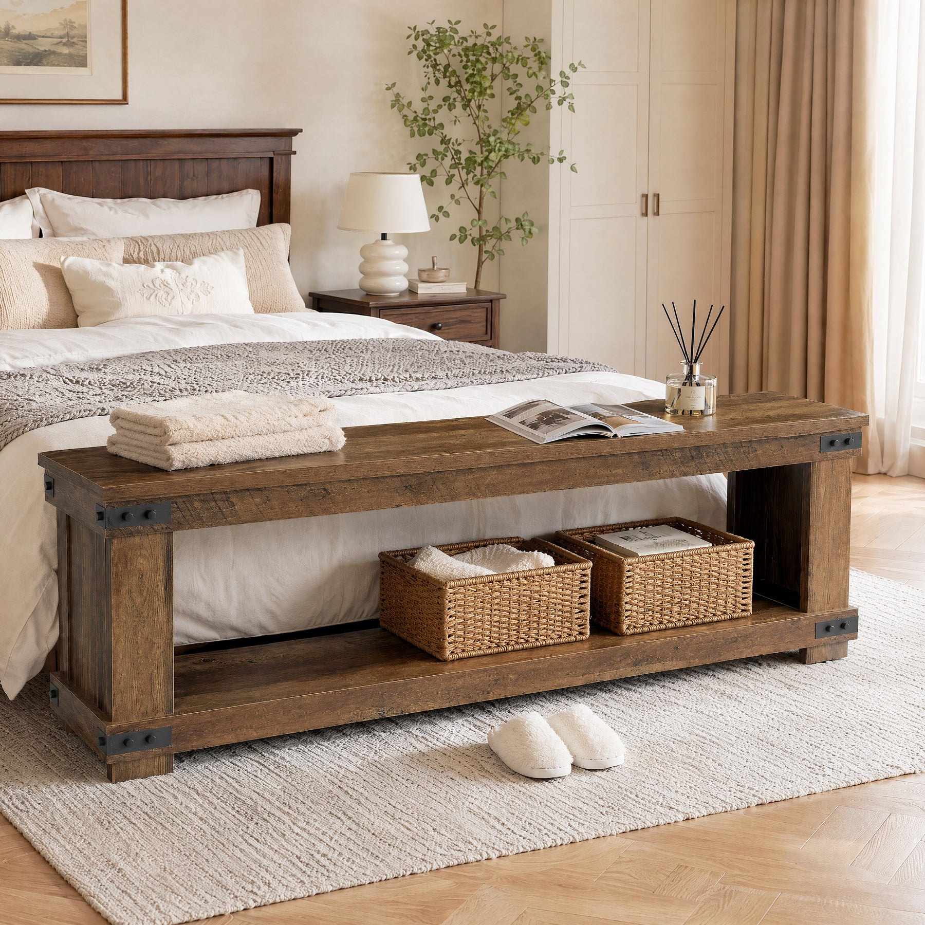 71" Entryway Bench with Shoe Storage, Farmhouse Shoe Bench with Metal Corner Brackets