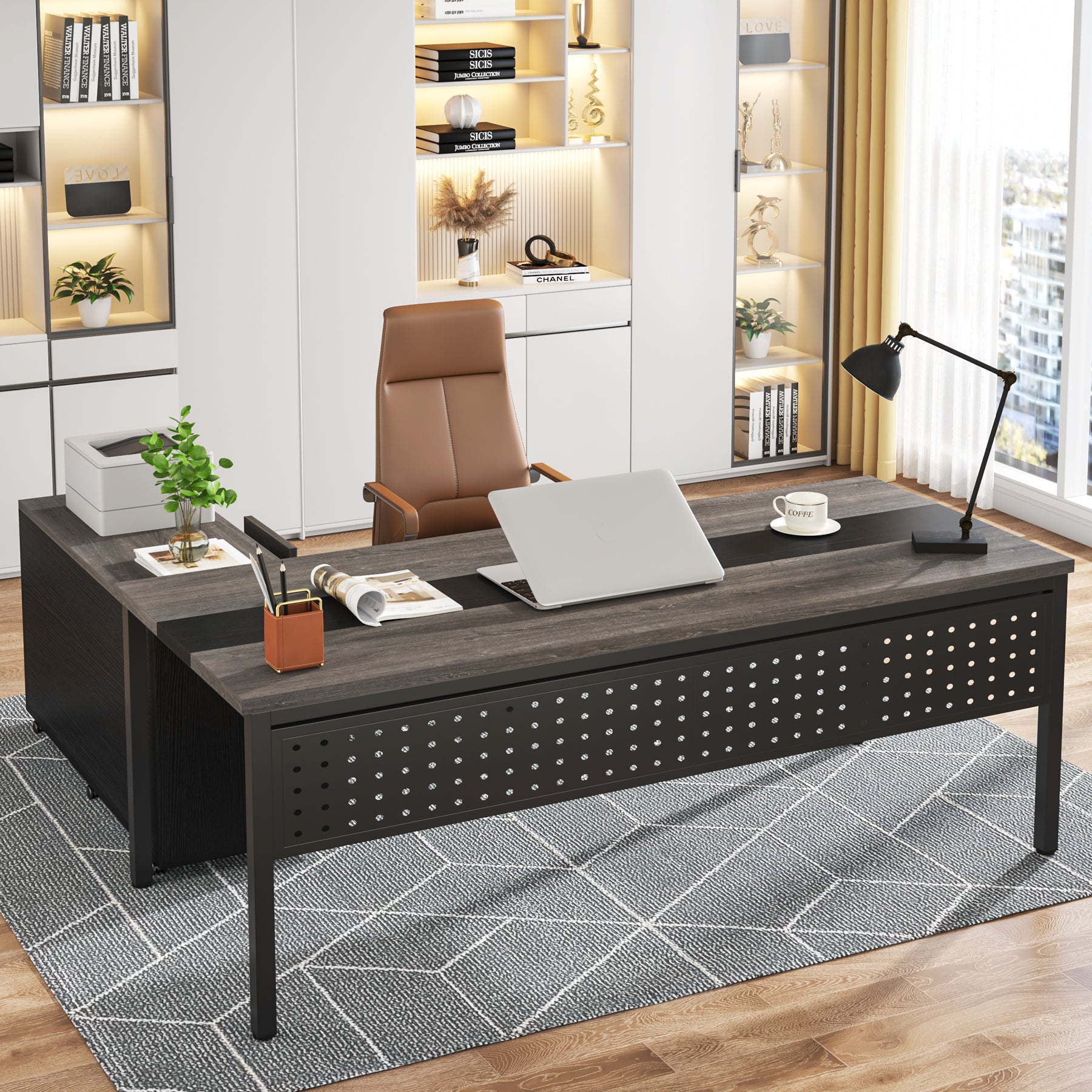 Tribesigns 55 inch Large Executive Office Desk L-Shaped Computer Desk with Drawers Business Furniture Workstation with 47 inch File Cabinet for Home