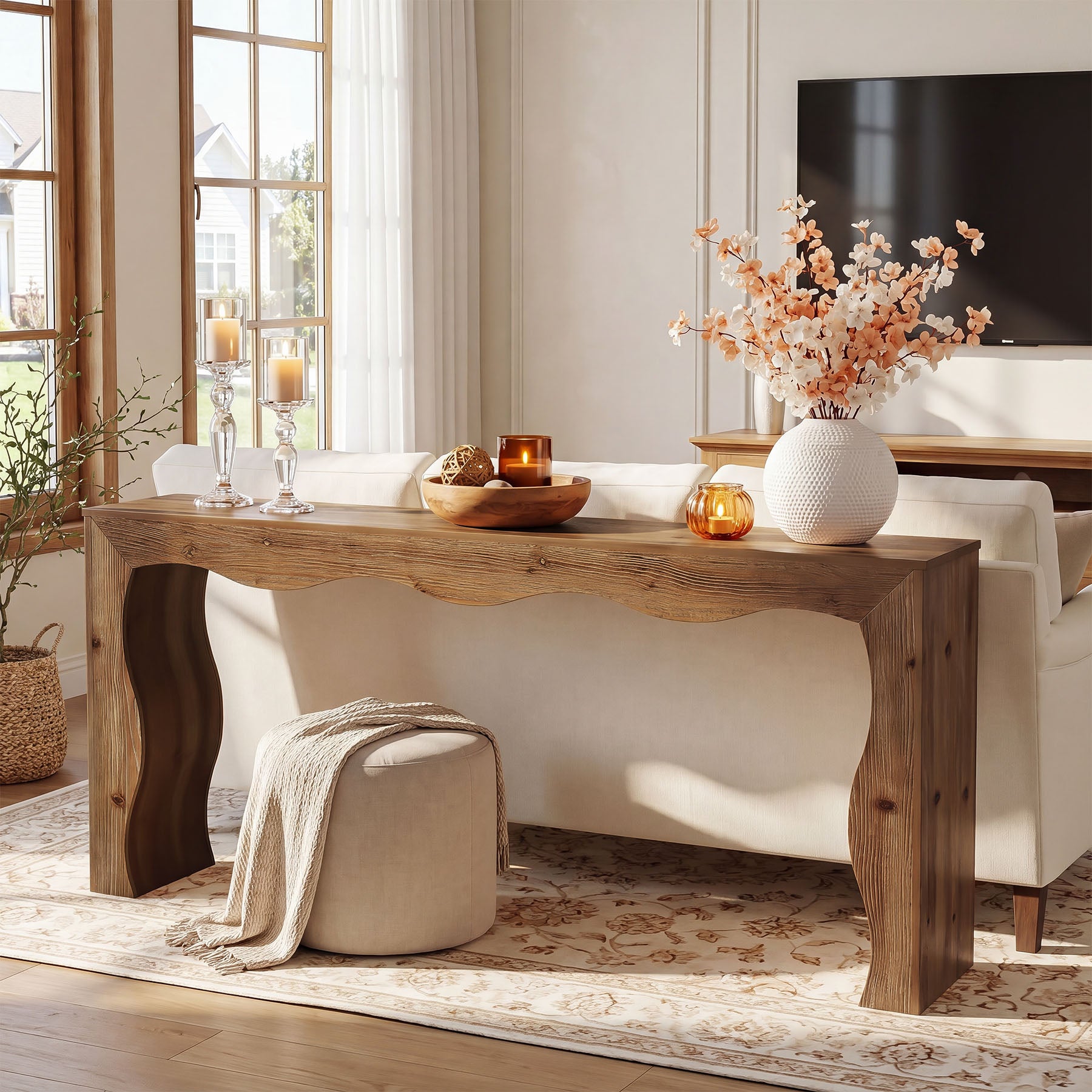 63" Solid Wood Console Table, Farmhouse Entryway Sofa Table with Wavy Edge