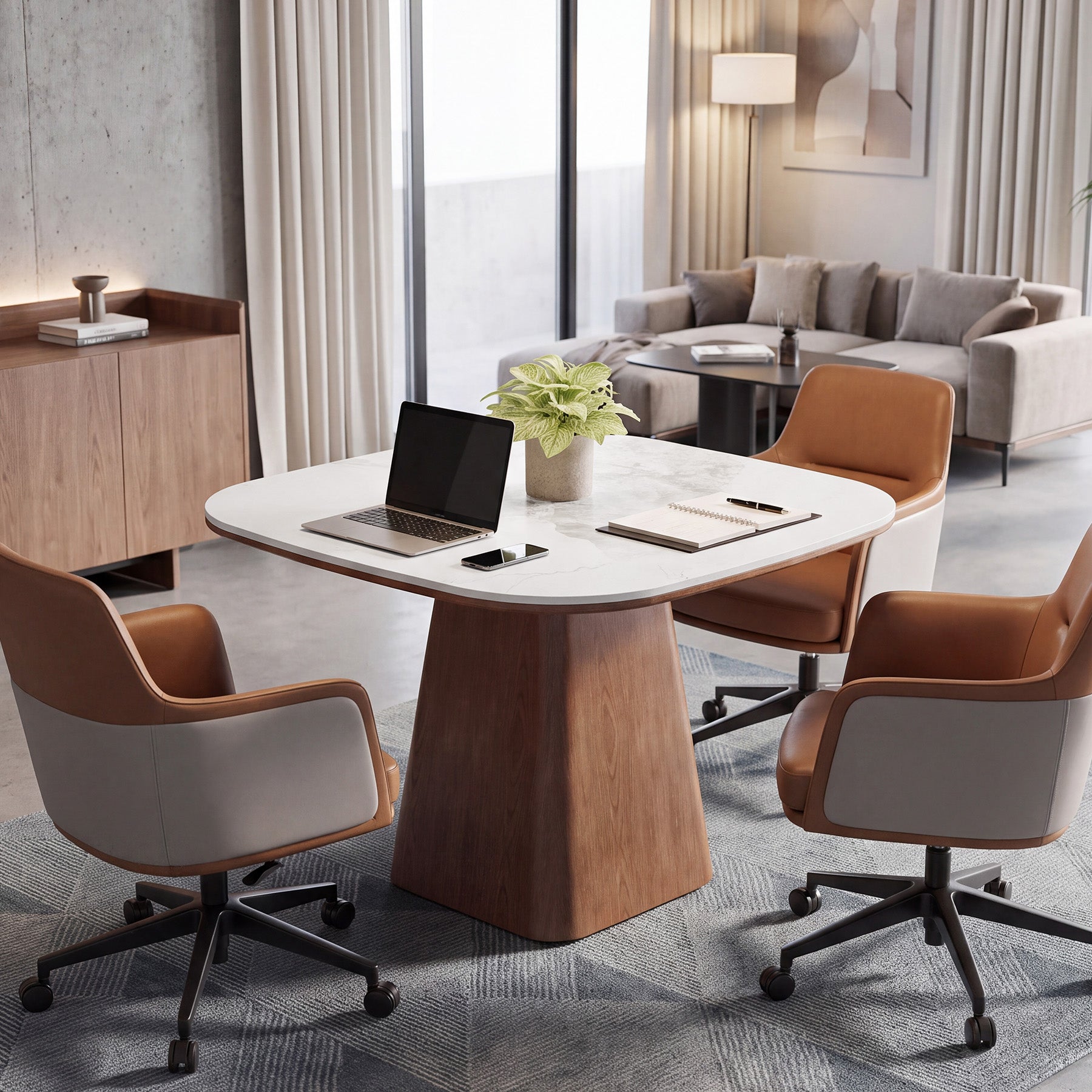 35.4" Conference Table with Sintered Stone Top, Small Square Meeting Table, Solid Wood Base