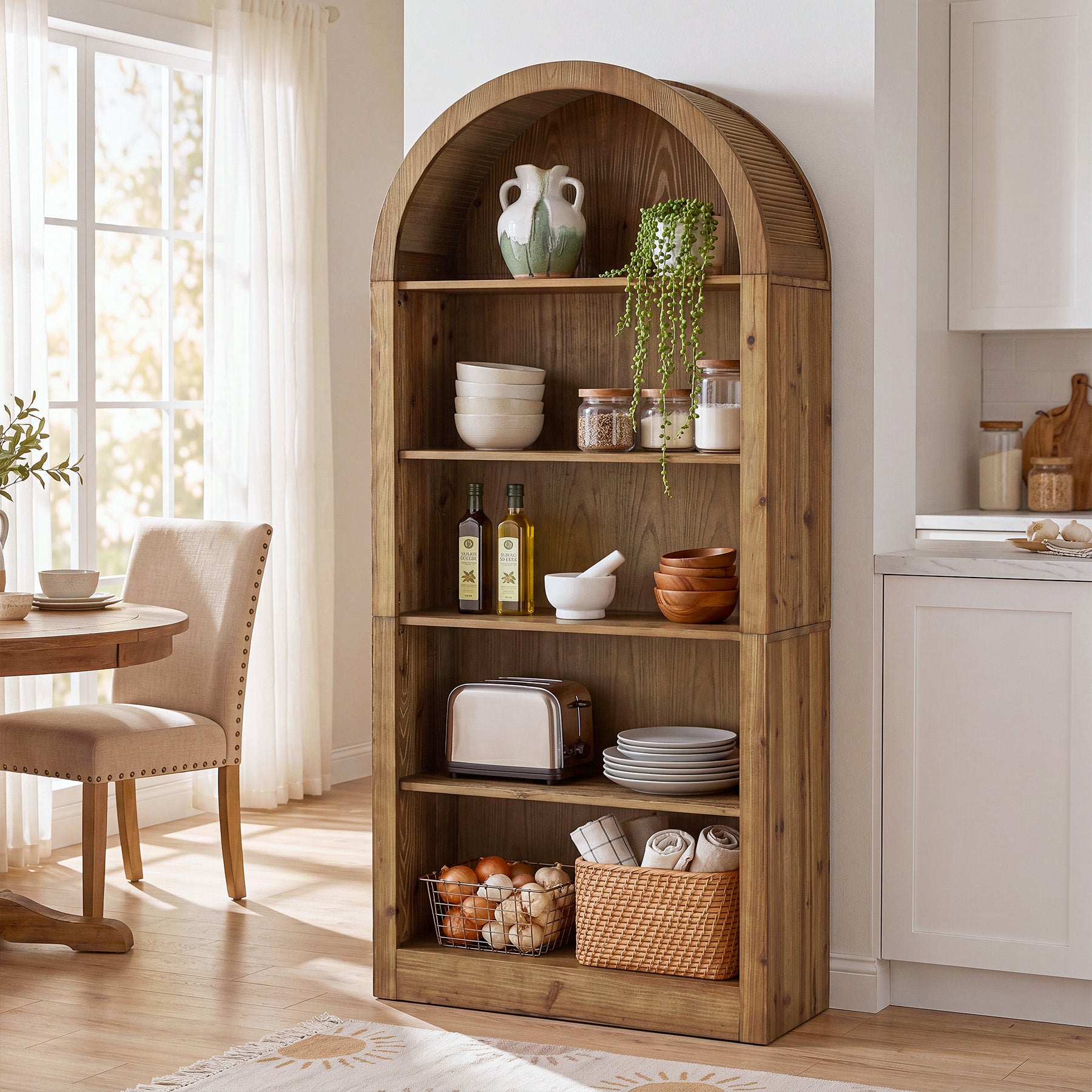 70.8" Solid Wood Tall Bookcase , 5-Tier Arched Bookshelf Open Display Etagere