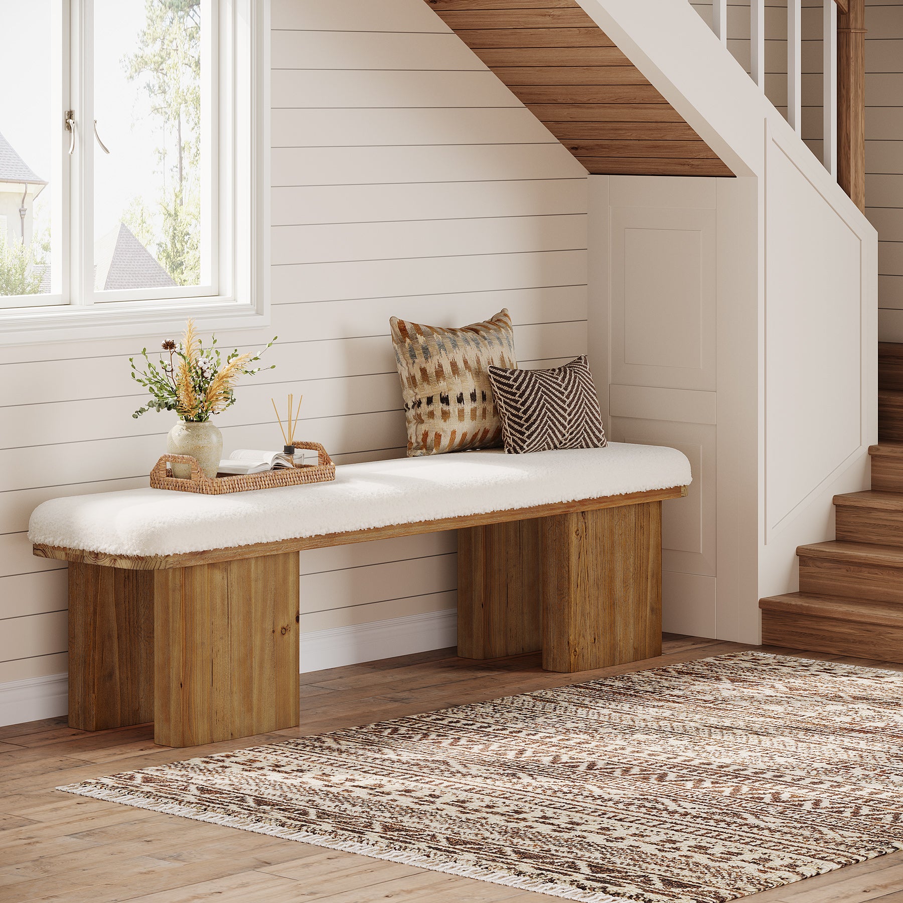 59" Solid Wood Entryway Bench, Modern Upholstered End of Bed Bench