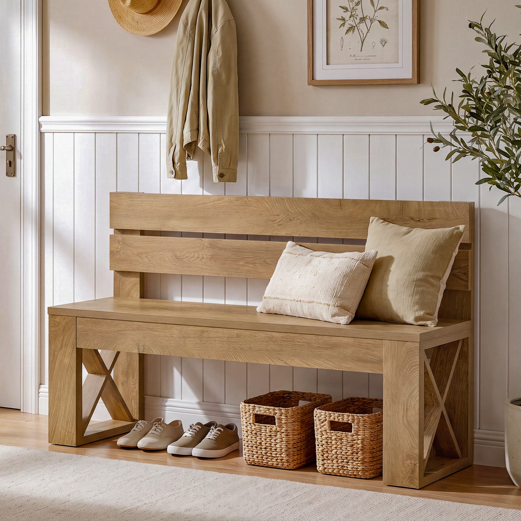 47" Entryway Bench with Back, Farmhouse Shoe Bench with X-Brace, Bedroom & Hallway