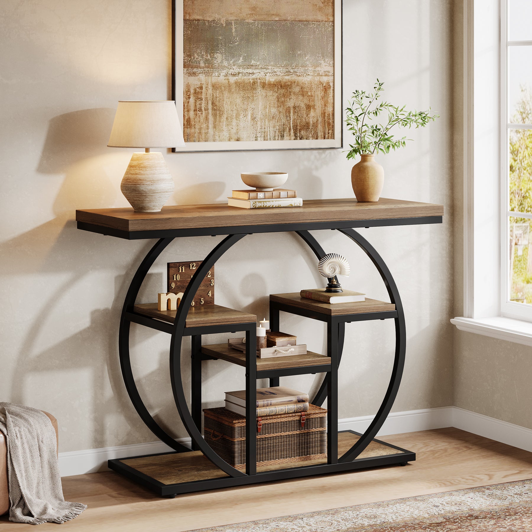 41.3" Industrial Console Table, 4-Tier Sofa Table with Storage Shelves