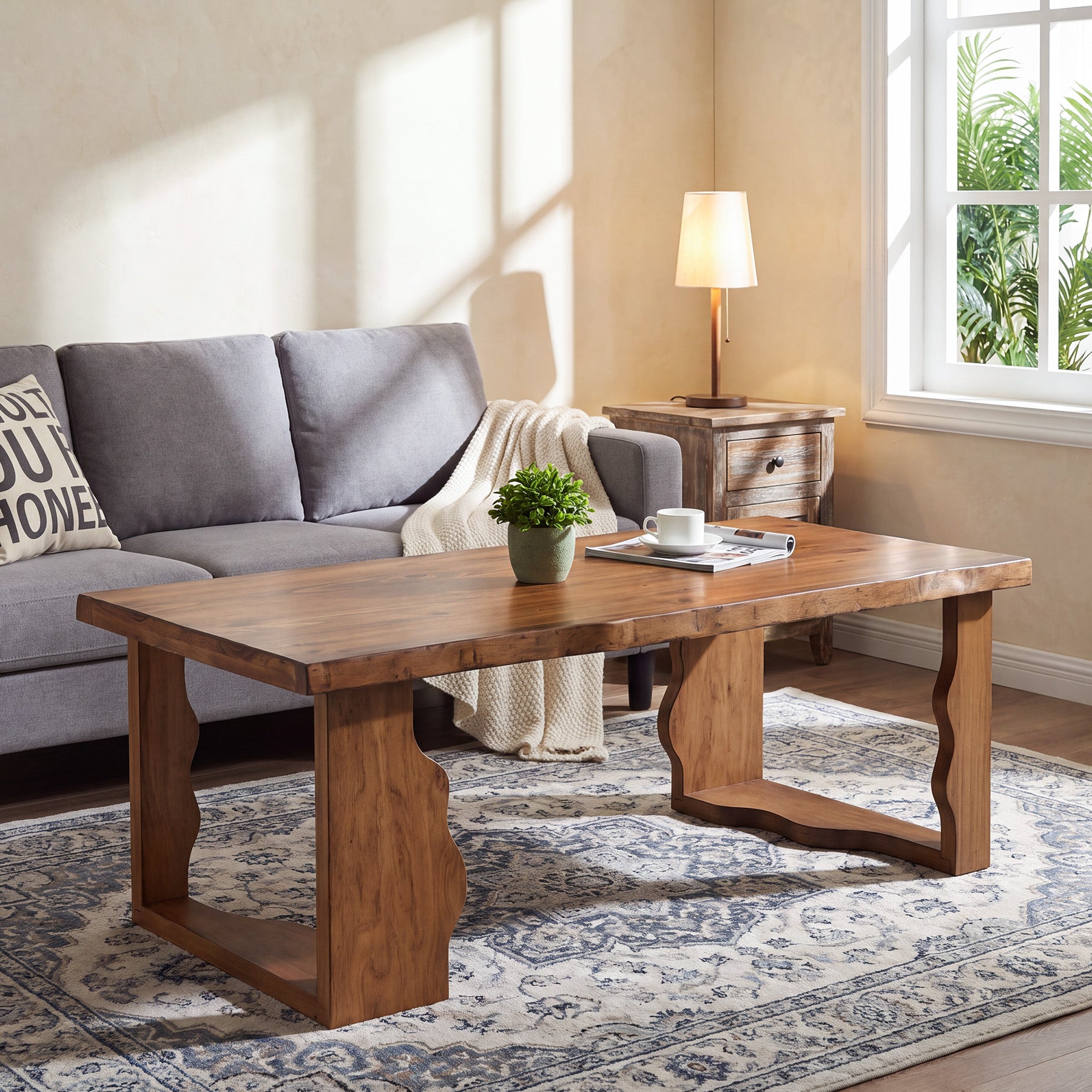 47" Solid Pine Coffee Table, Natural Edge & Cut-Out Legs, Farmhouse Rustic Wood Living Room