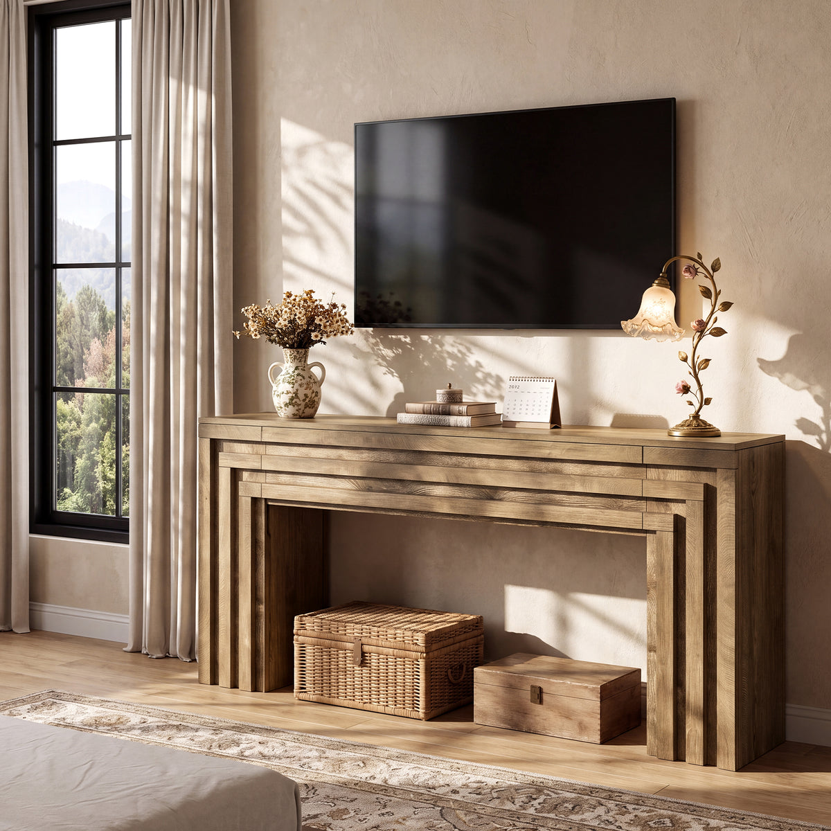 63" TV Stand for TVs Up to 75", Farmhouse TV Console with Hidden Cabinets for Living Room