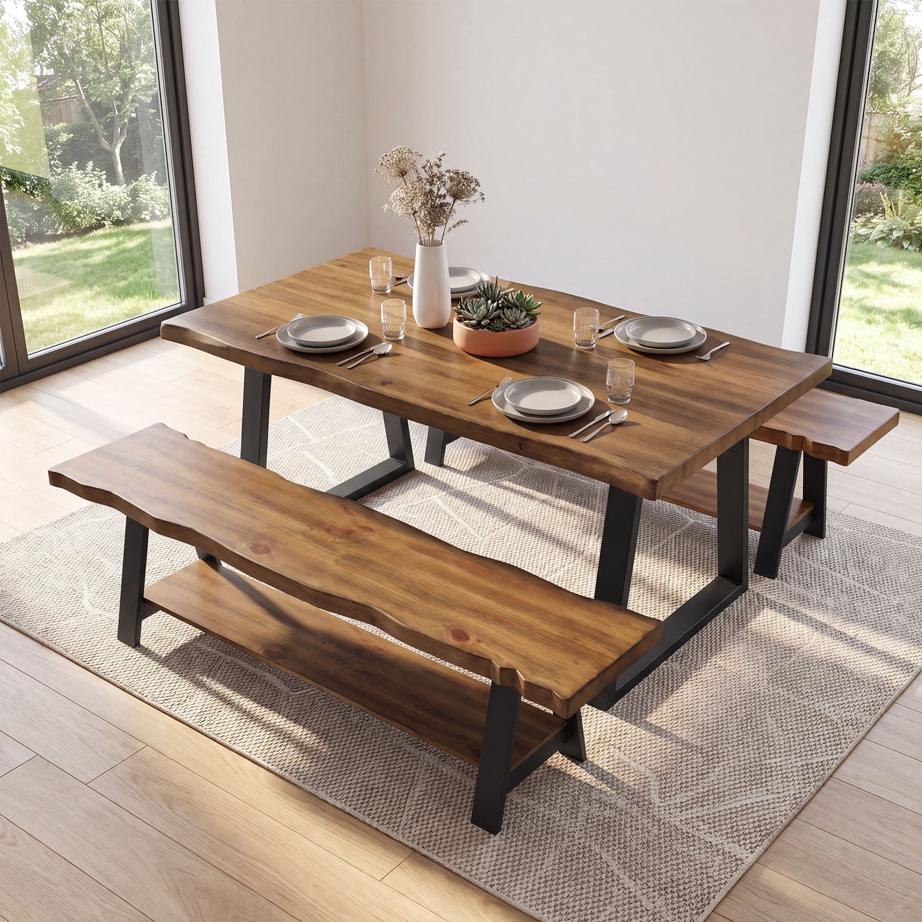 55" Solid Wood Dining Bench, Live Edge Dining Seat with Storage Shelf & Metal Legs