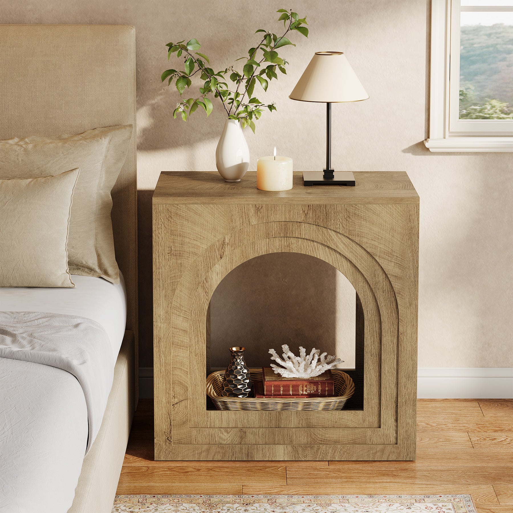 Tribesigns 2-Tier Square End Table, Farmhouse Side Table with Arched Shelf