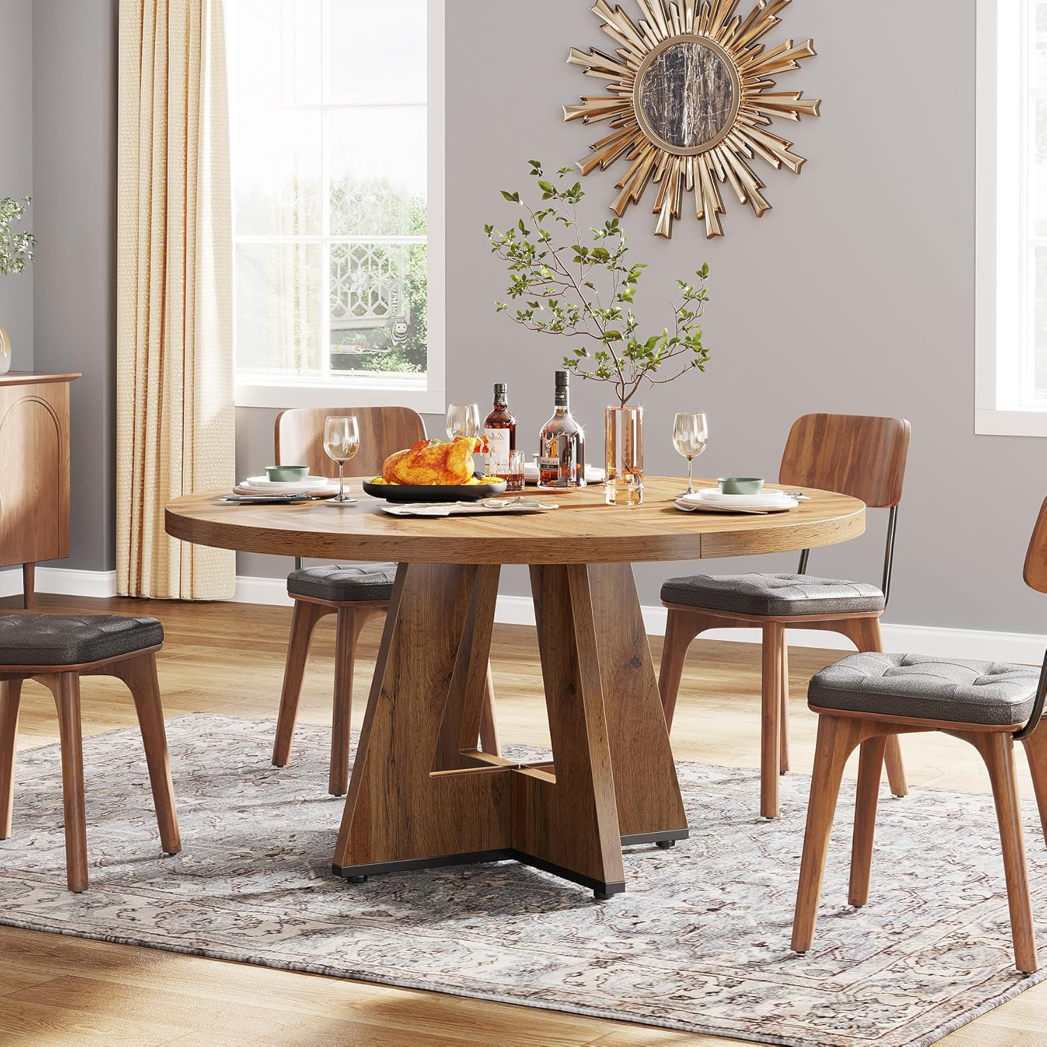 47-Inch Round Farmhouse Dining Table for 4–6 with Cross-Style Pedestal Base