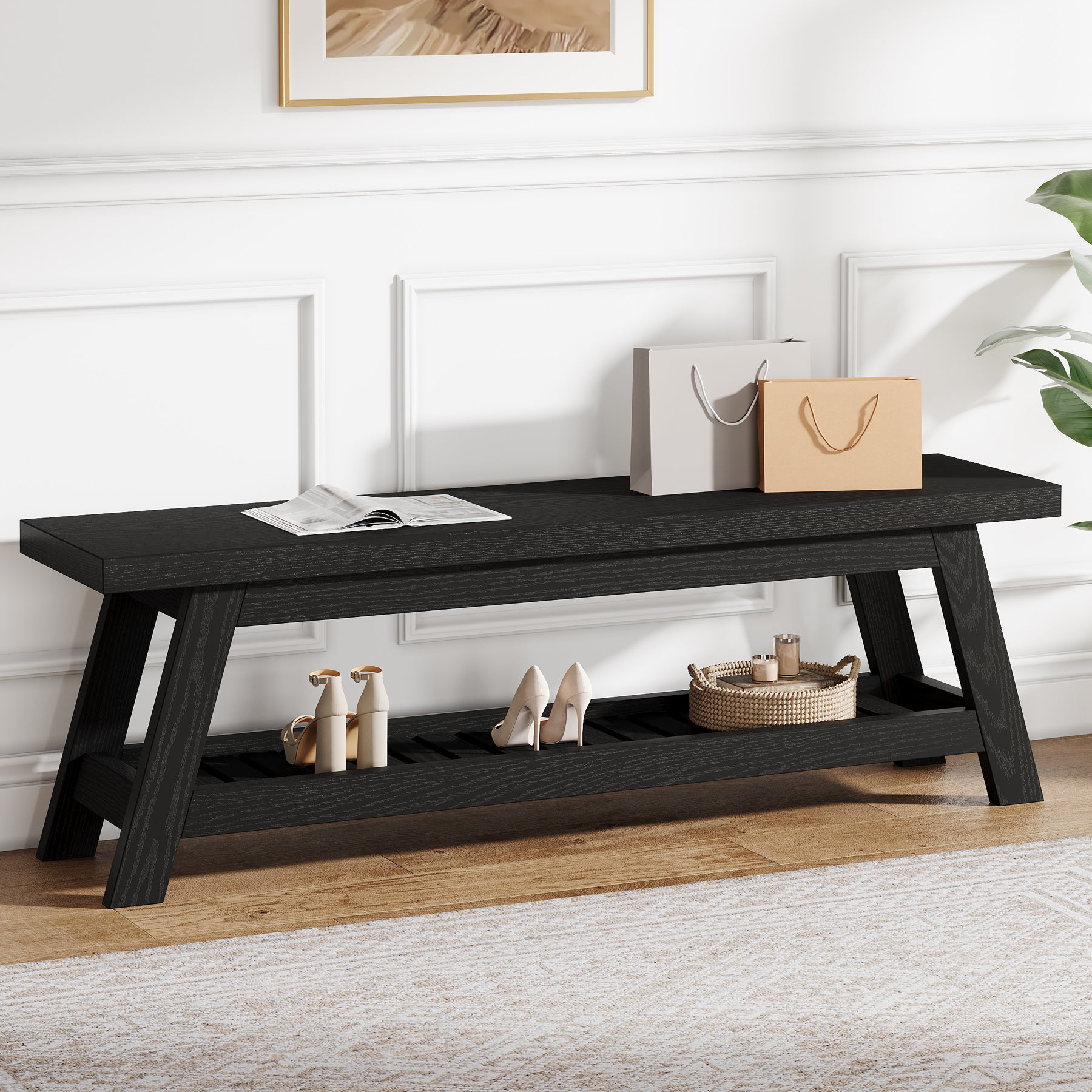 55" Entryway Bench, 2-Tier Foyer Seating Bench with Shoe Storage