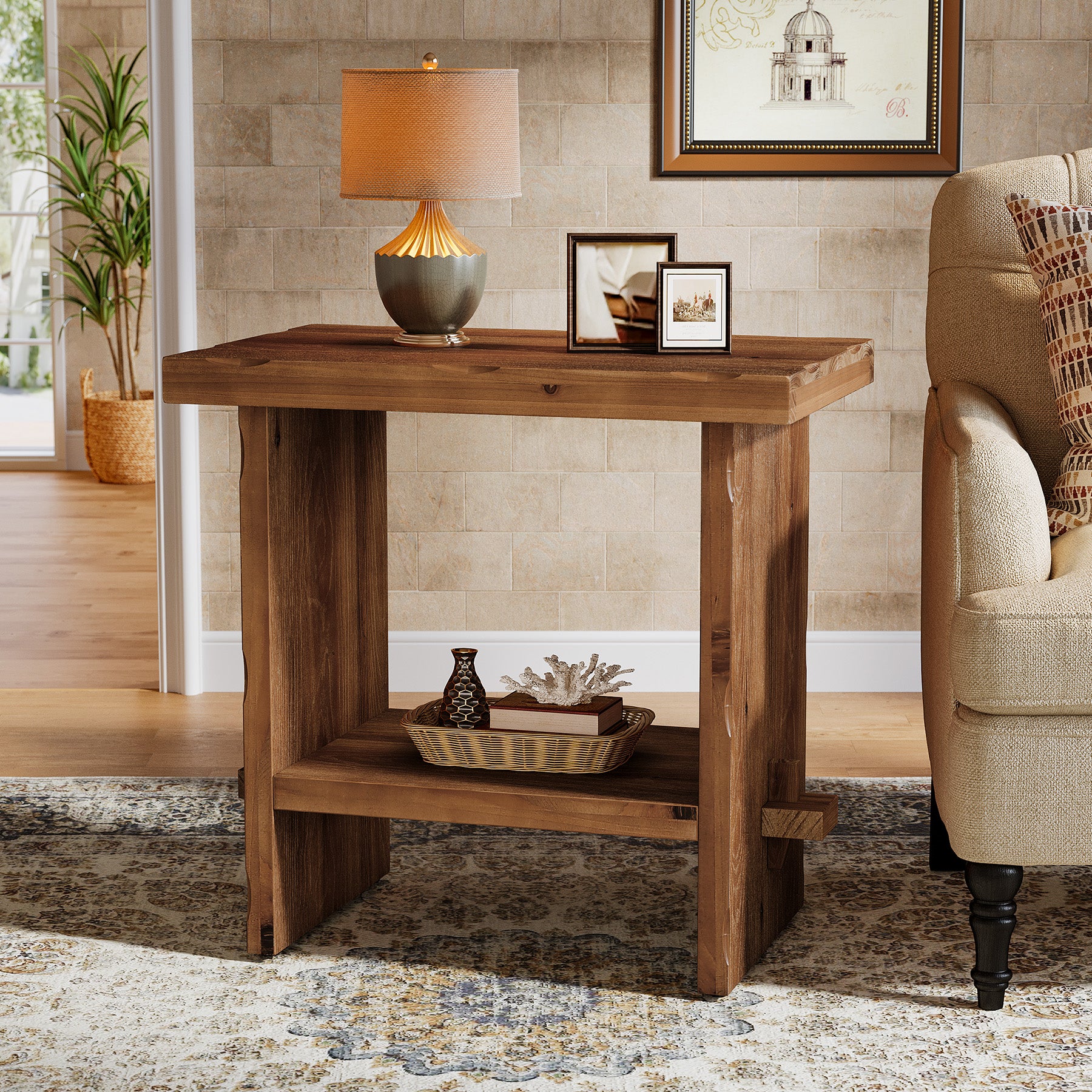 Tribesigns 23.62-Inch Solid Wood Side Table, Wooden End Table with Solid Base