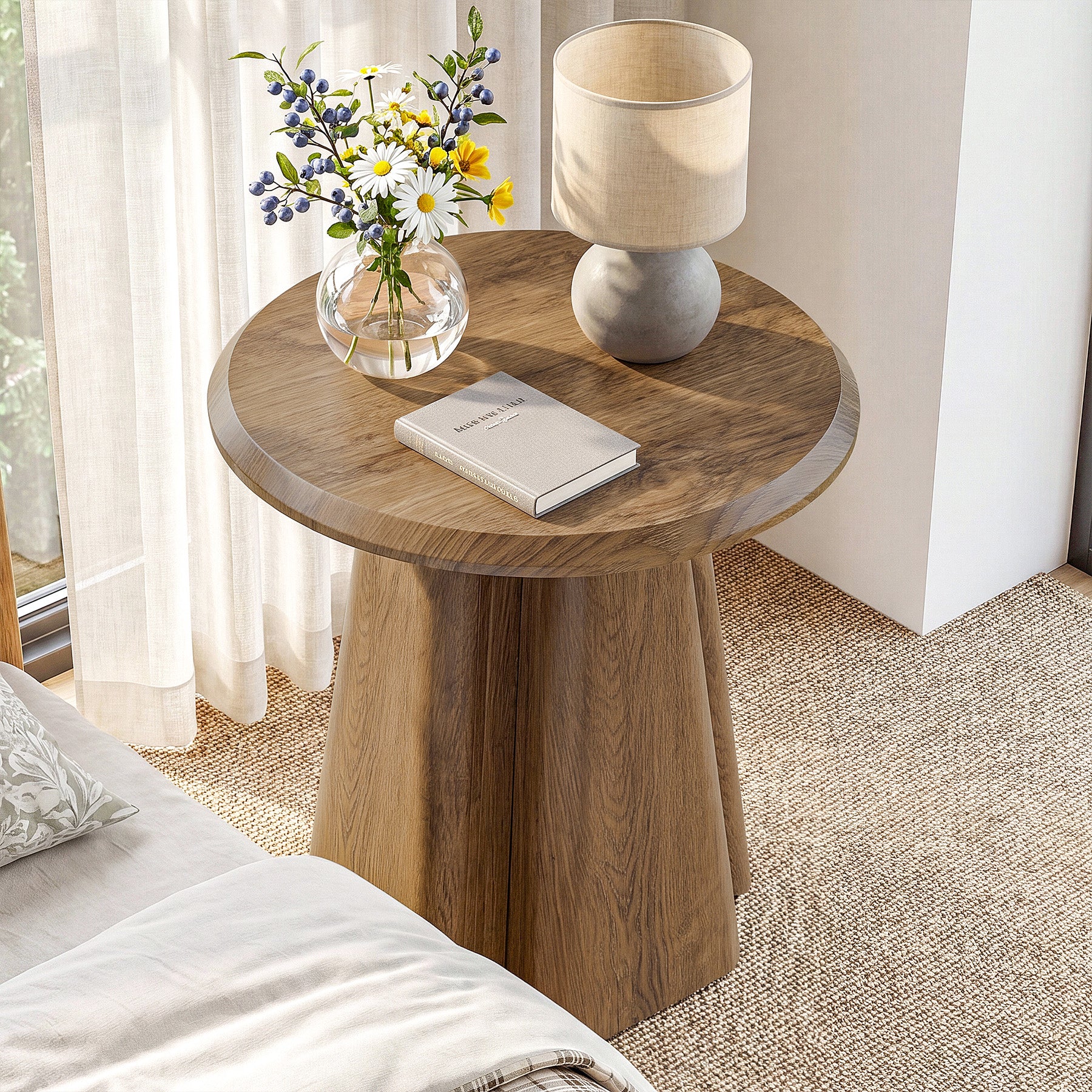23.6" Round Nightstand, Wooden Bedside Table with Sturdy Support